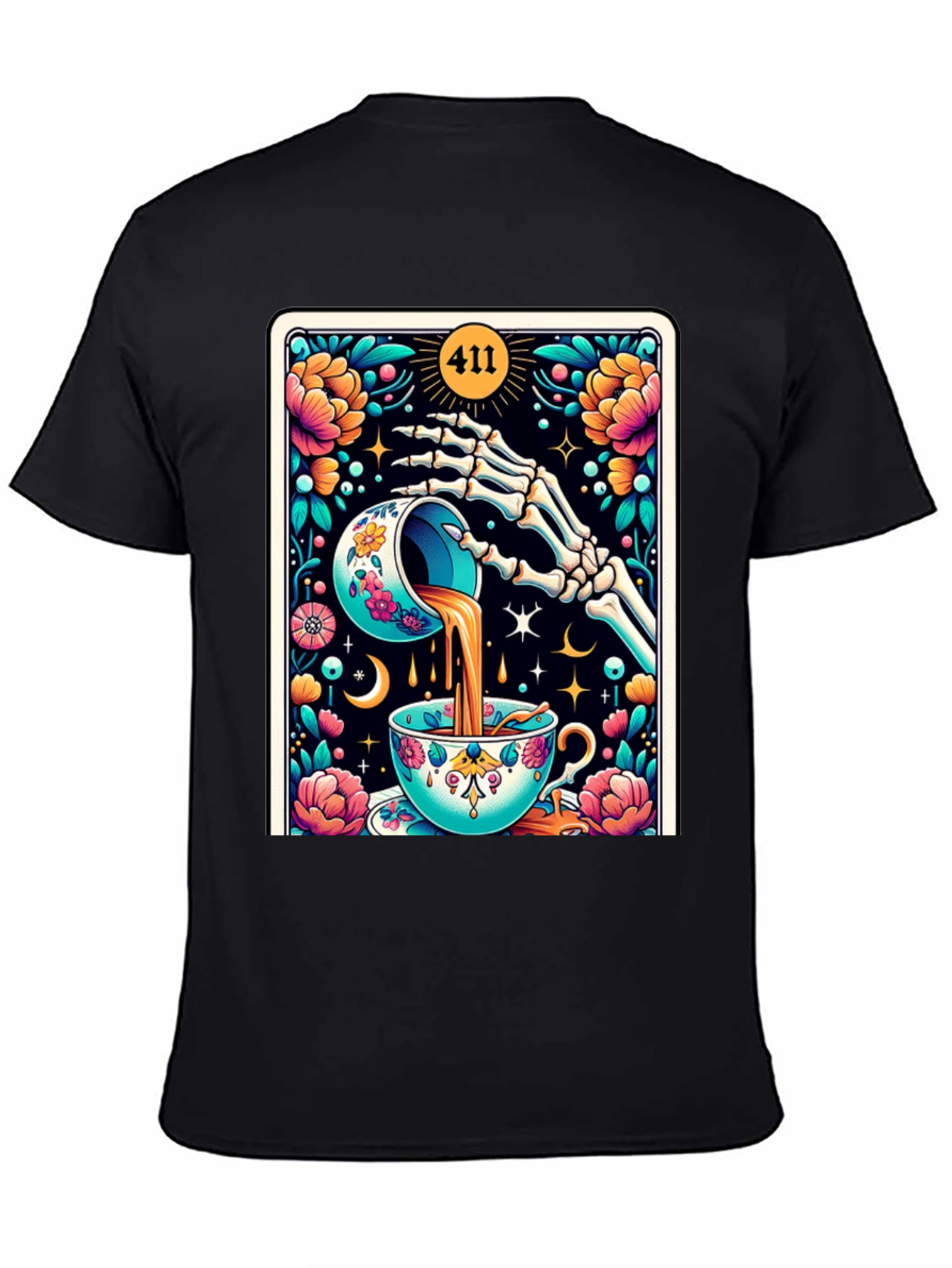 Black Floral Skeleton Tea Cup Tarot Graphic Tee view 4
