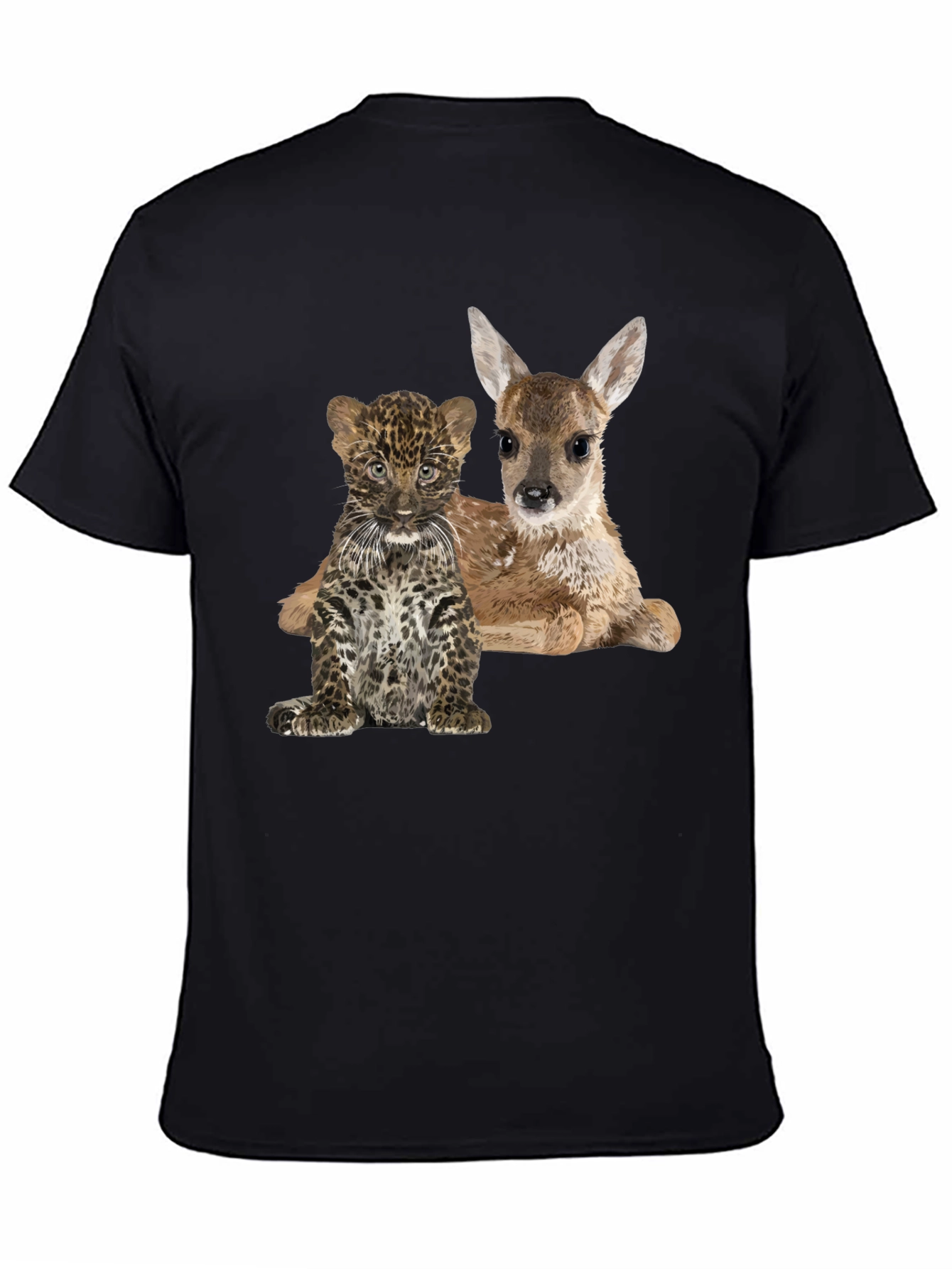 Black Cute Animal Graphic Tee - Deer and Leopard Cub view 4