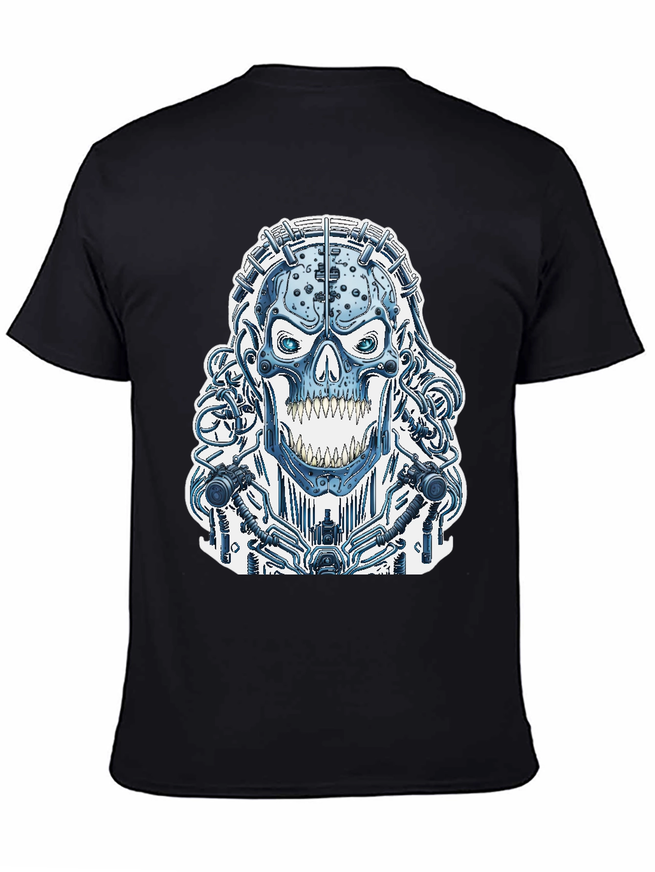 Black Cyberpunk Skull Graphic Tee - Black Cotton T-Shirt view 4