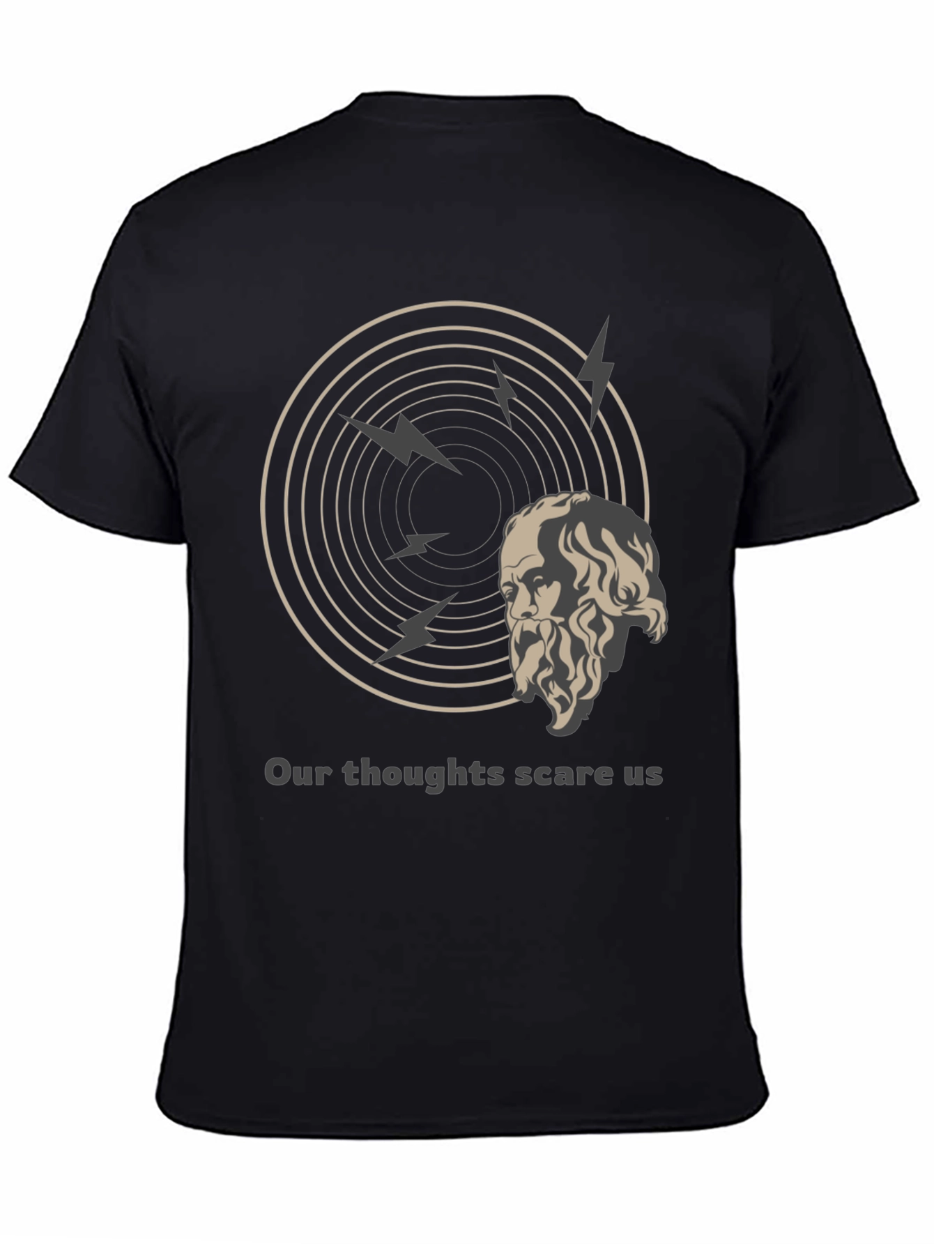 Black Philosophical T-Shirt: Our Thoughts Scare Us Tee view 4