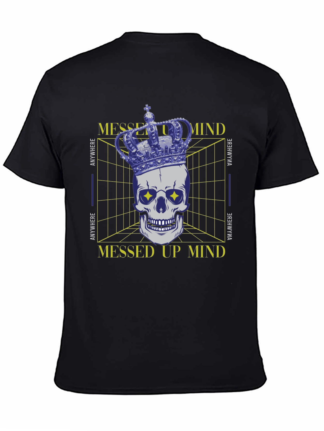 Black Messed Up Mind Graphic T-Shirt - Crown Skull Design view 4