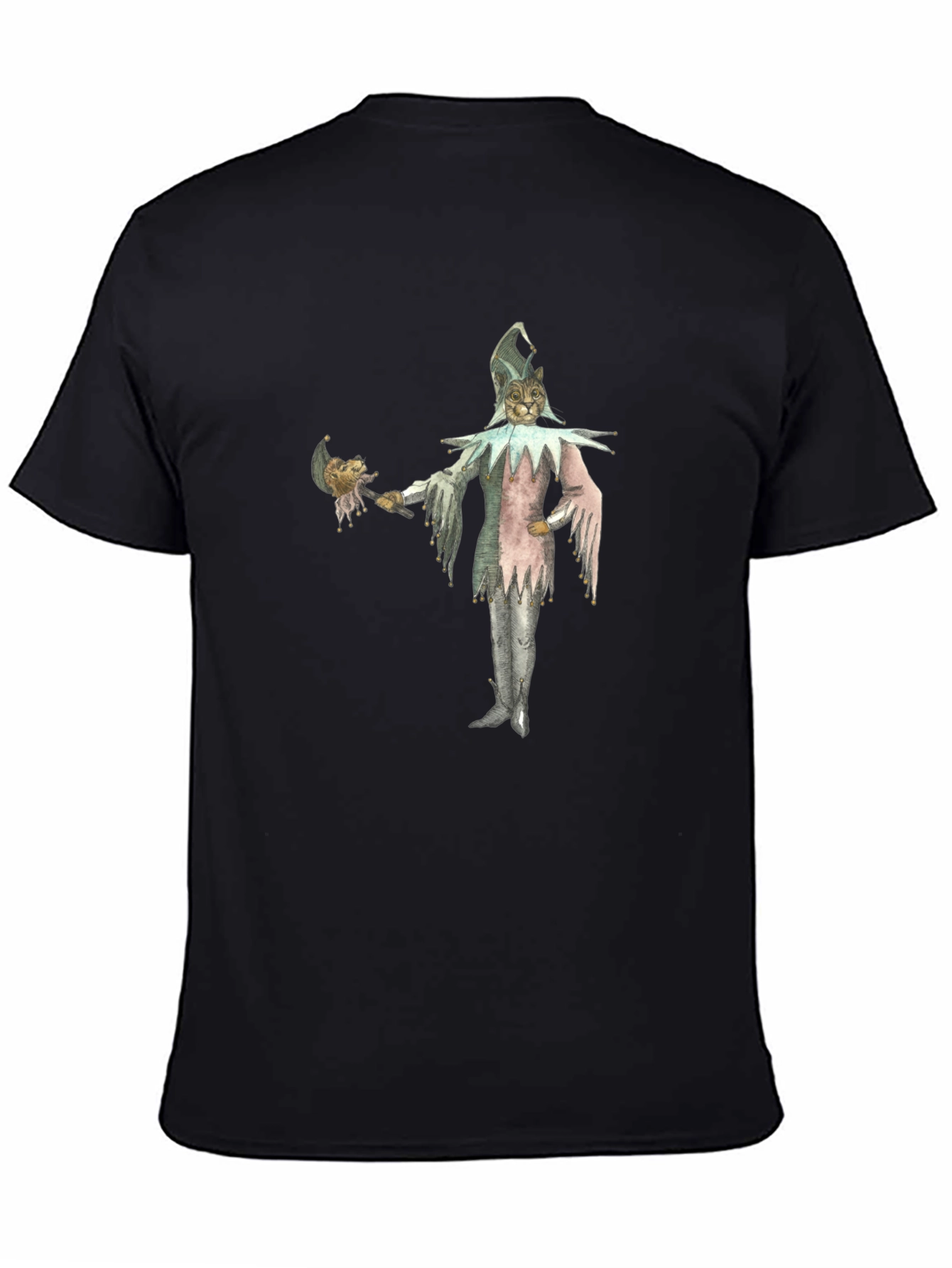 Black Whimsical Cat Jester Graphic Tee view 4