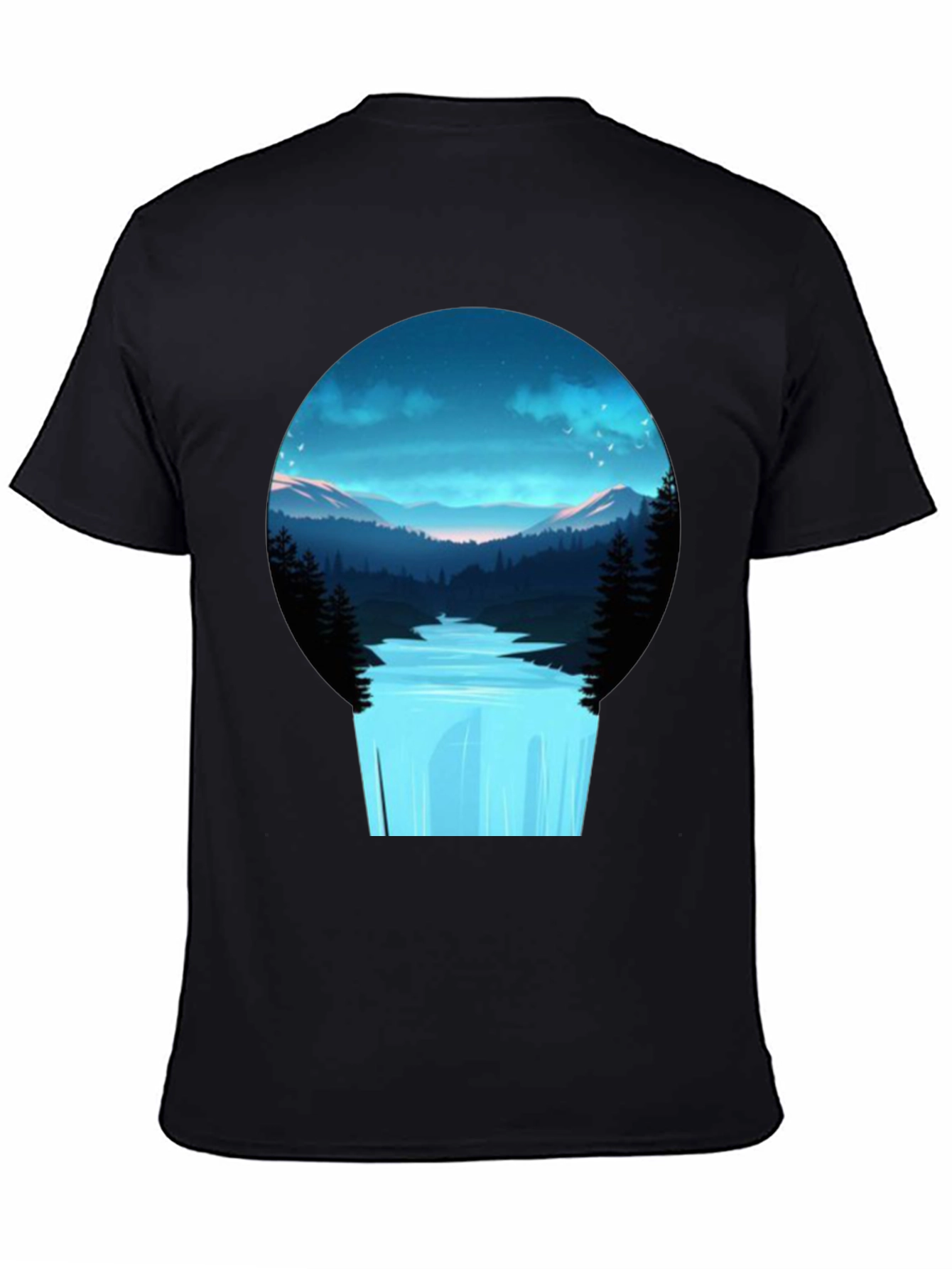 Black Nature Vista Black Tee - Artistic Mountain Waterfall Design view 4