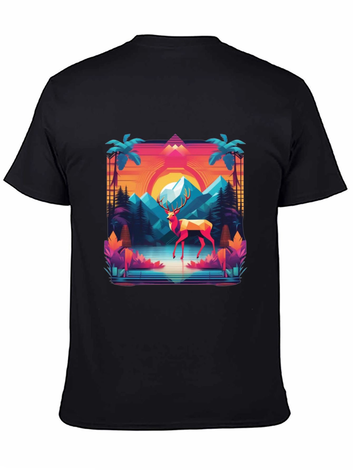 Black Retro Deer Graphic Tee - Synthwave Style view 4