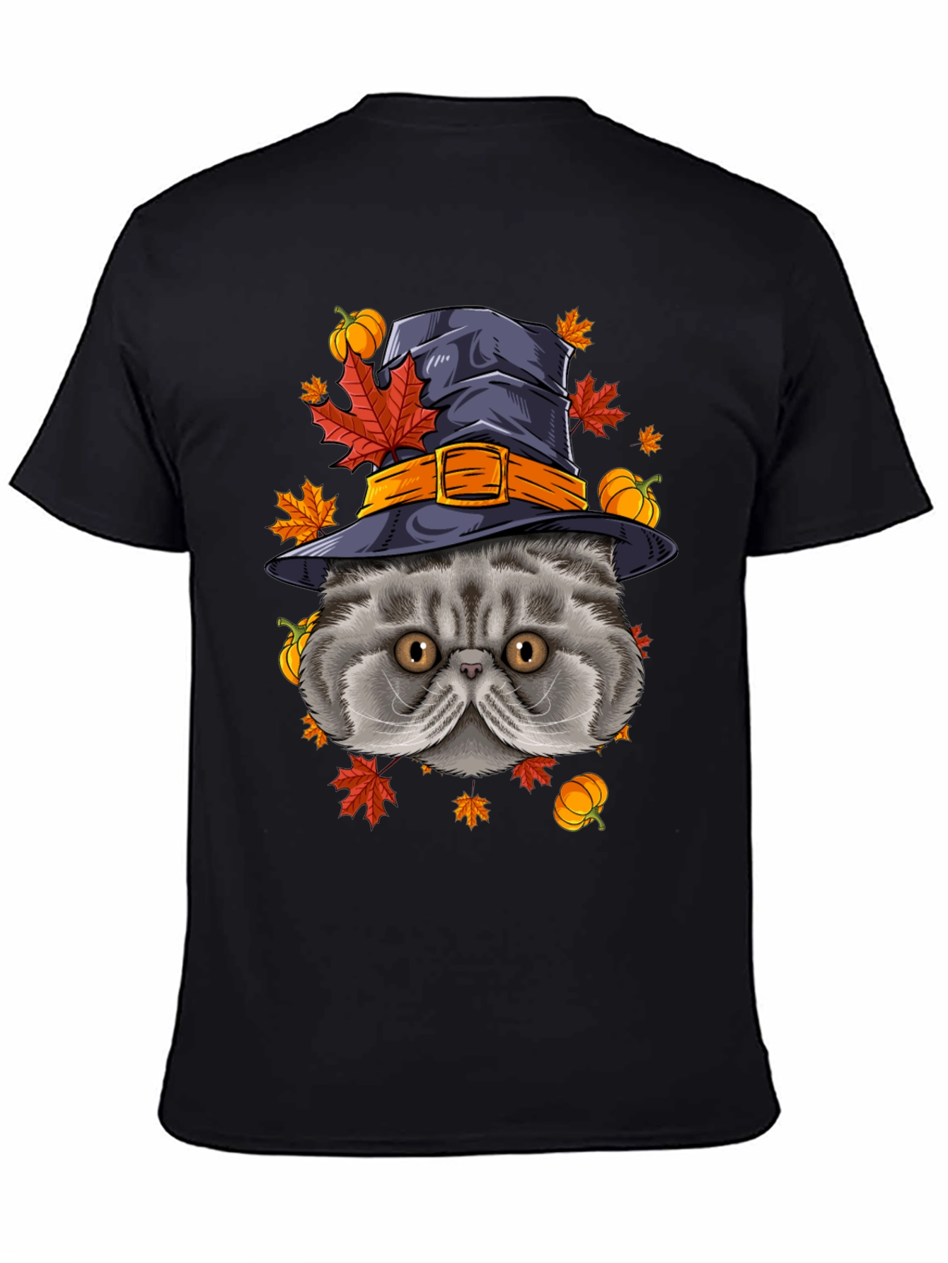 Black Halloween Cat T-Shirt with Witch Hat & Pumpkins view 4