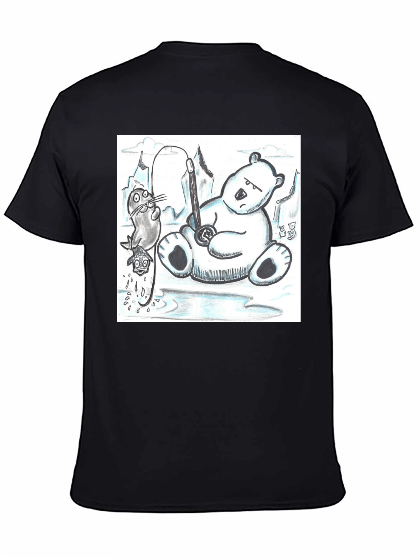 Black Cartoon Graphic Tee: Polar Bear Fishing view 4