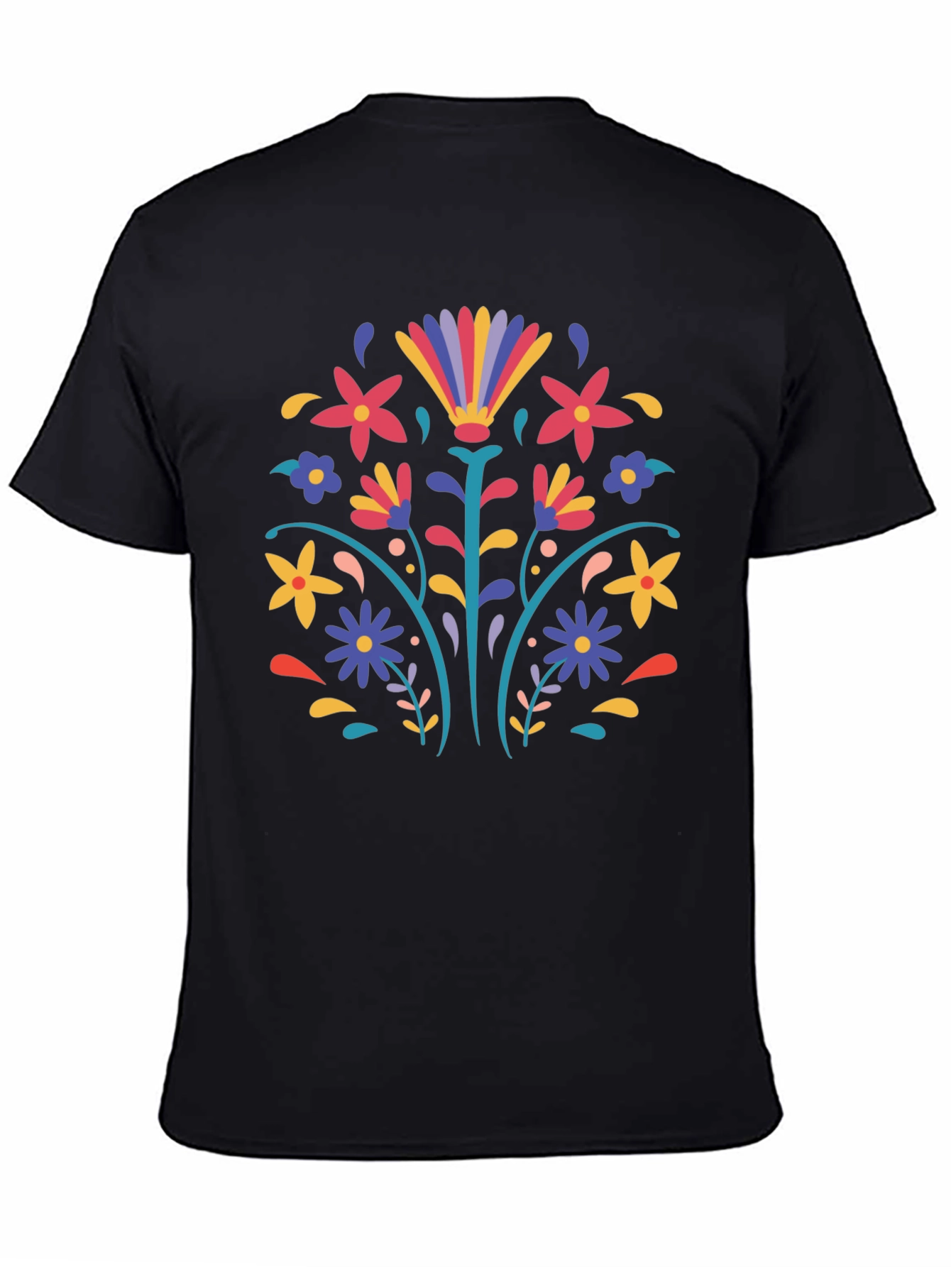 Black Floral Folk Art Black T-Shirt view 4