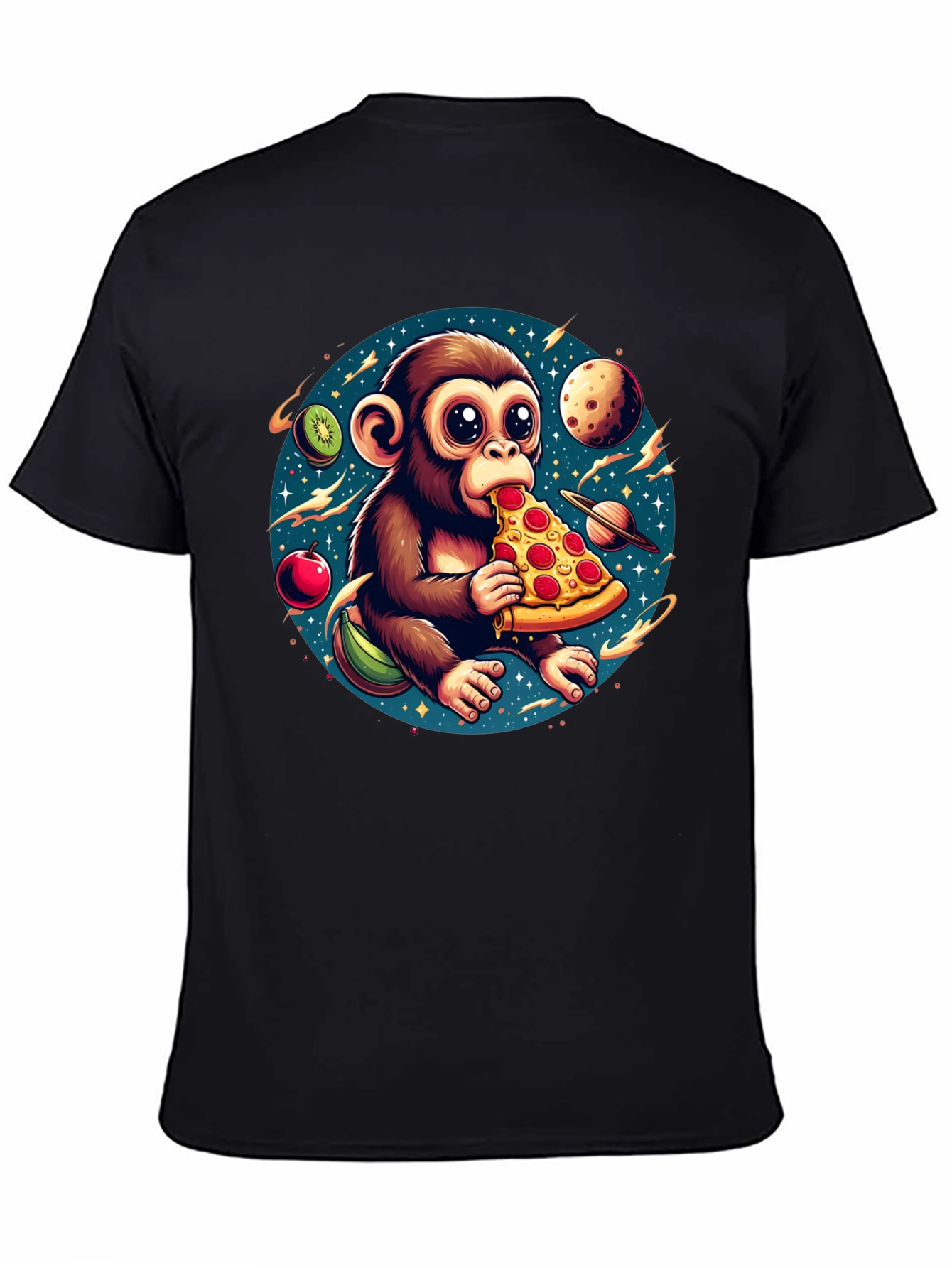Black Monkey Eating Pizza in Space T-Shirt view 4
