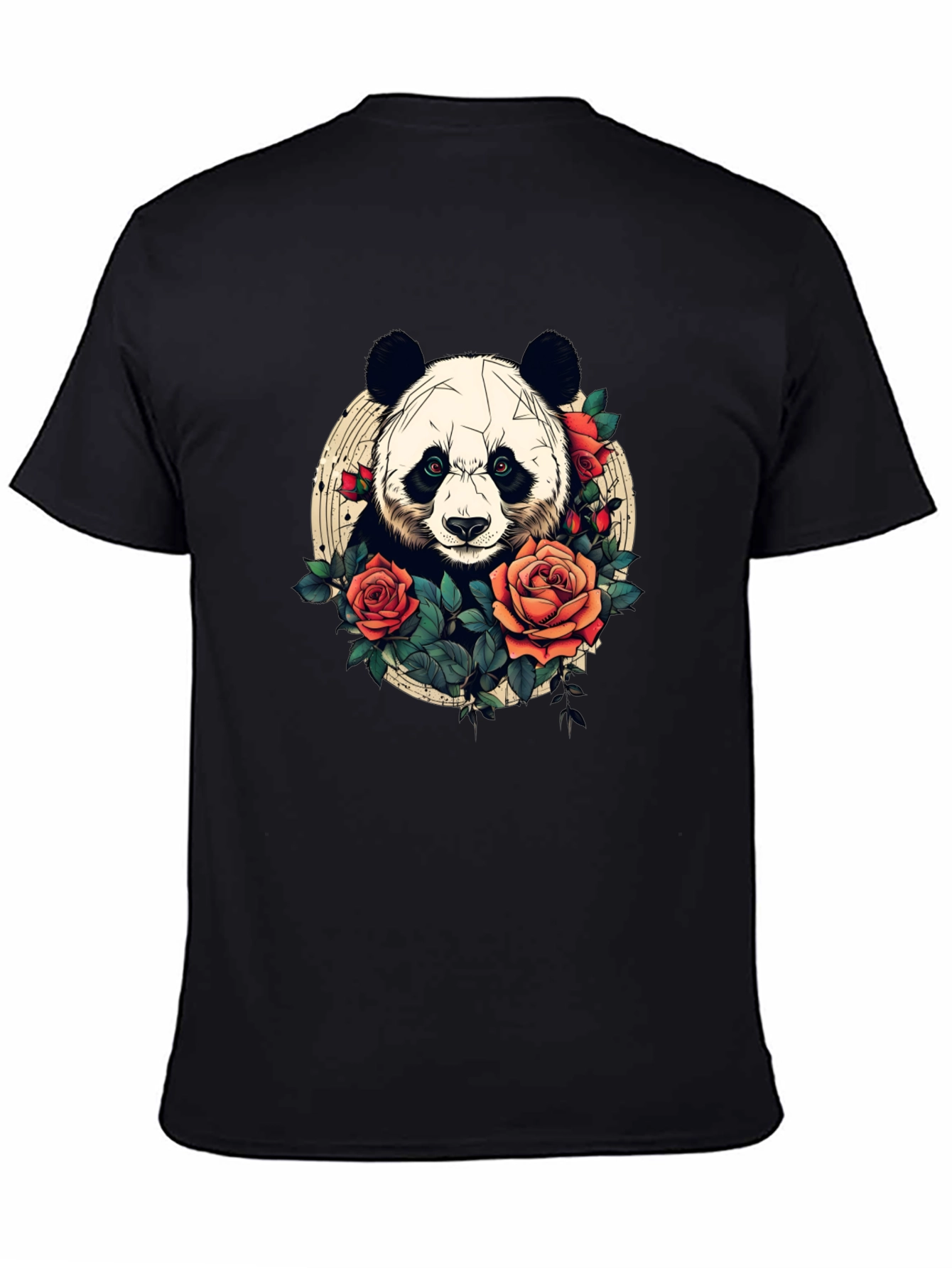 Black Panda Rose Graphic Tee - Black Crew Neck Casual T-Shirt view 4