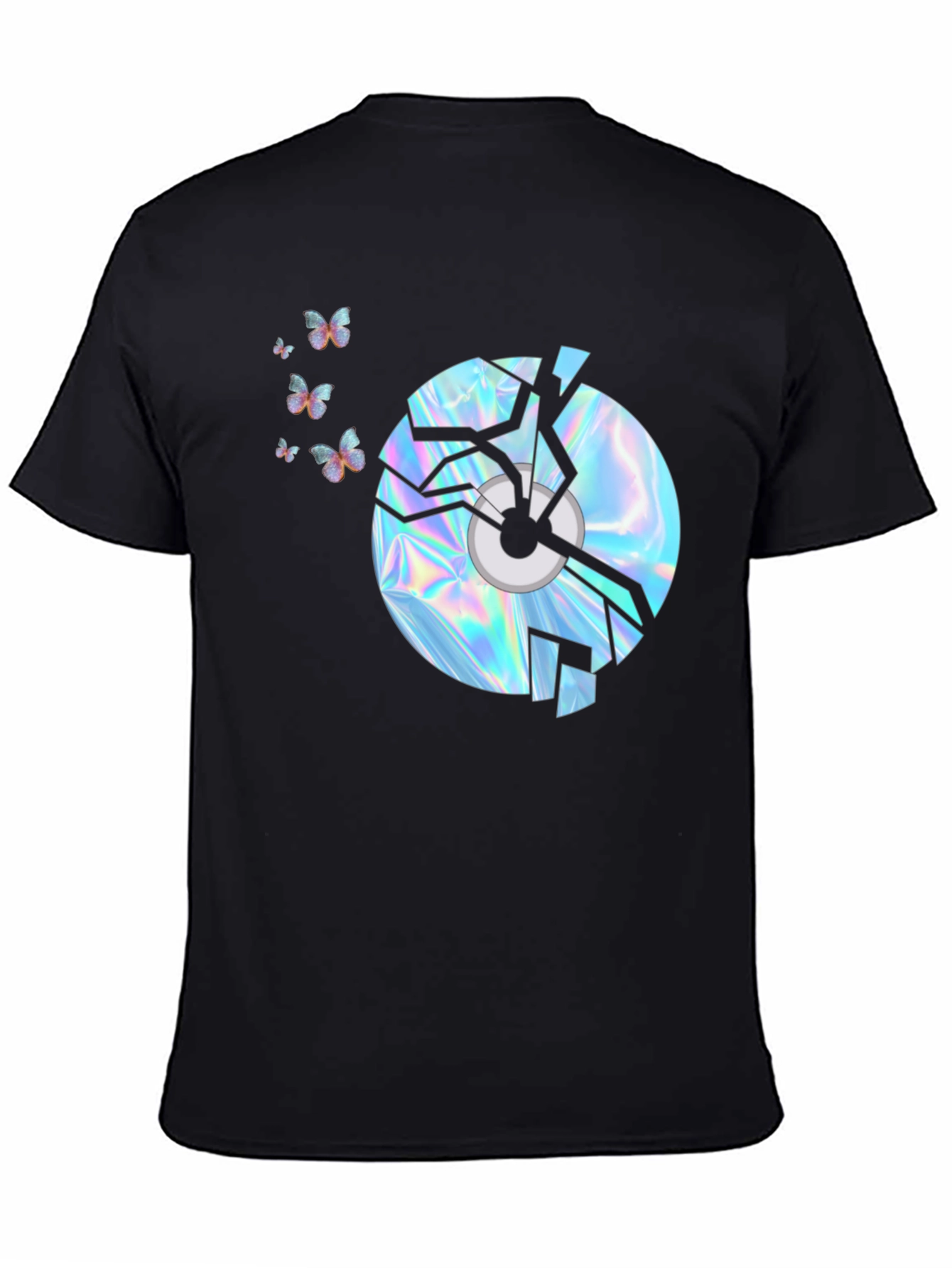 Black Broken CD Graphic Tee - Holographic Butterflies Design view 4