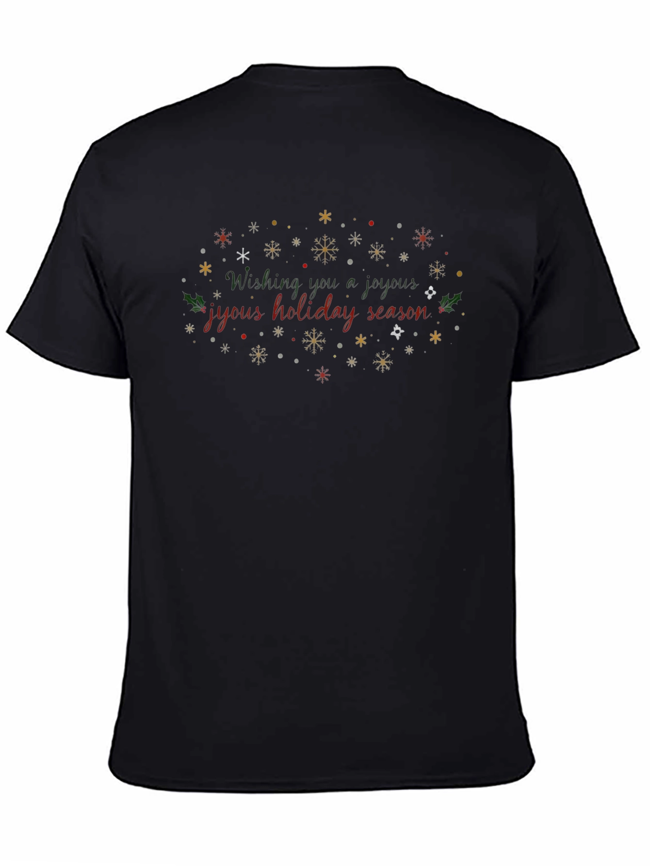 Black Joyous Holiday Season T-Shirt - Festive Snowflake Design view 4