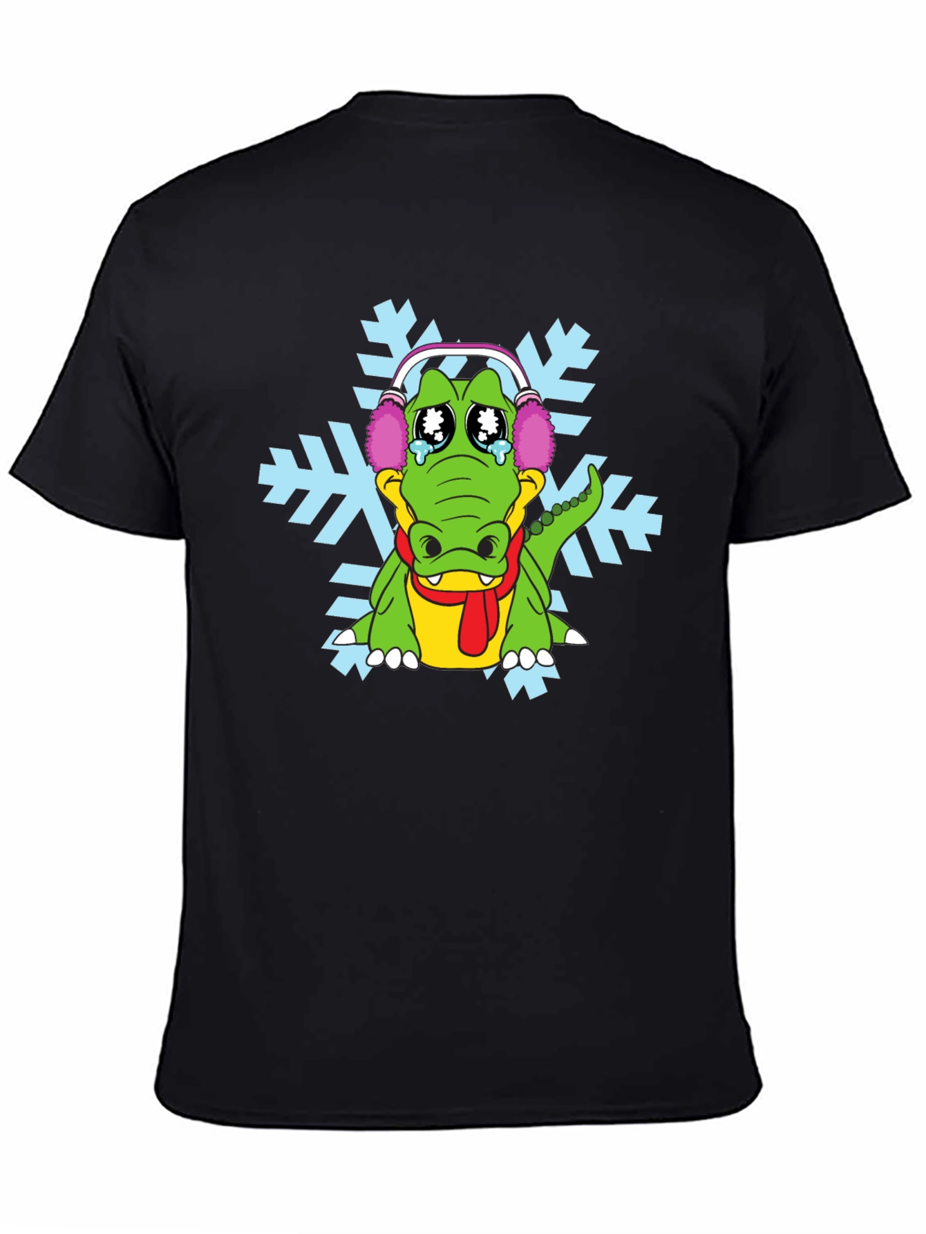 Black Sad Alligator Snowflake Graphic T-Shirt view 4