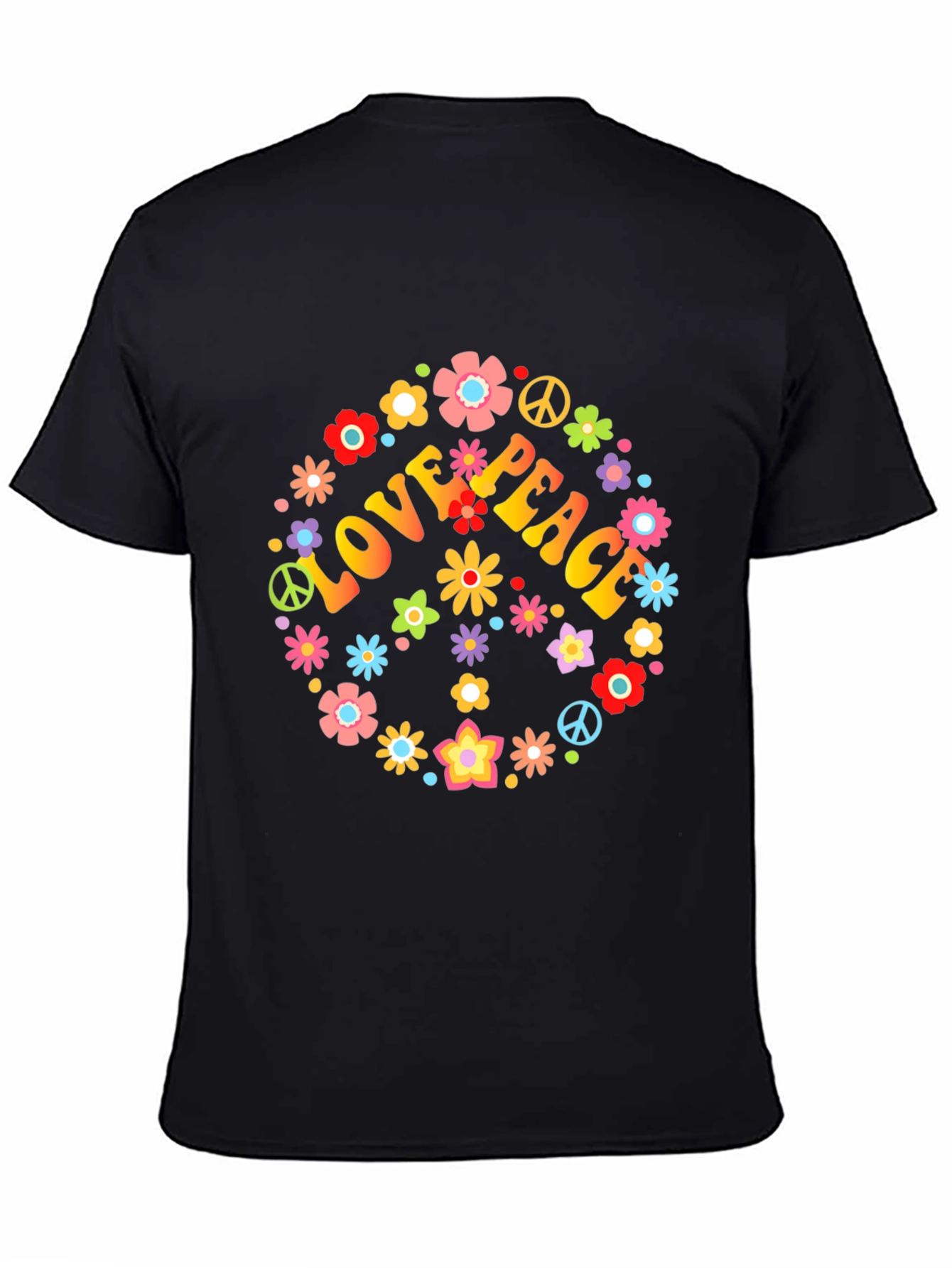 Black Love Peace Floral T-Shirt - Retro Hippie Style view 4