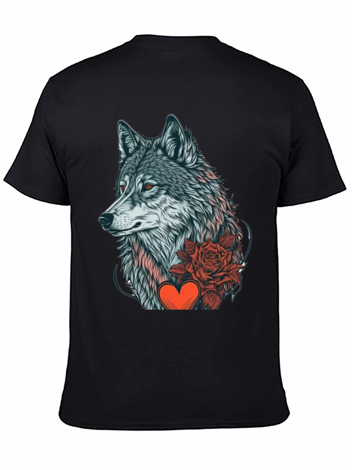 Black Wolf Rose Heart Graphic Black T-Shirt view 4