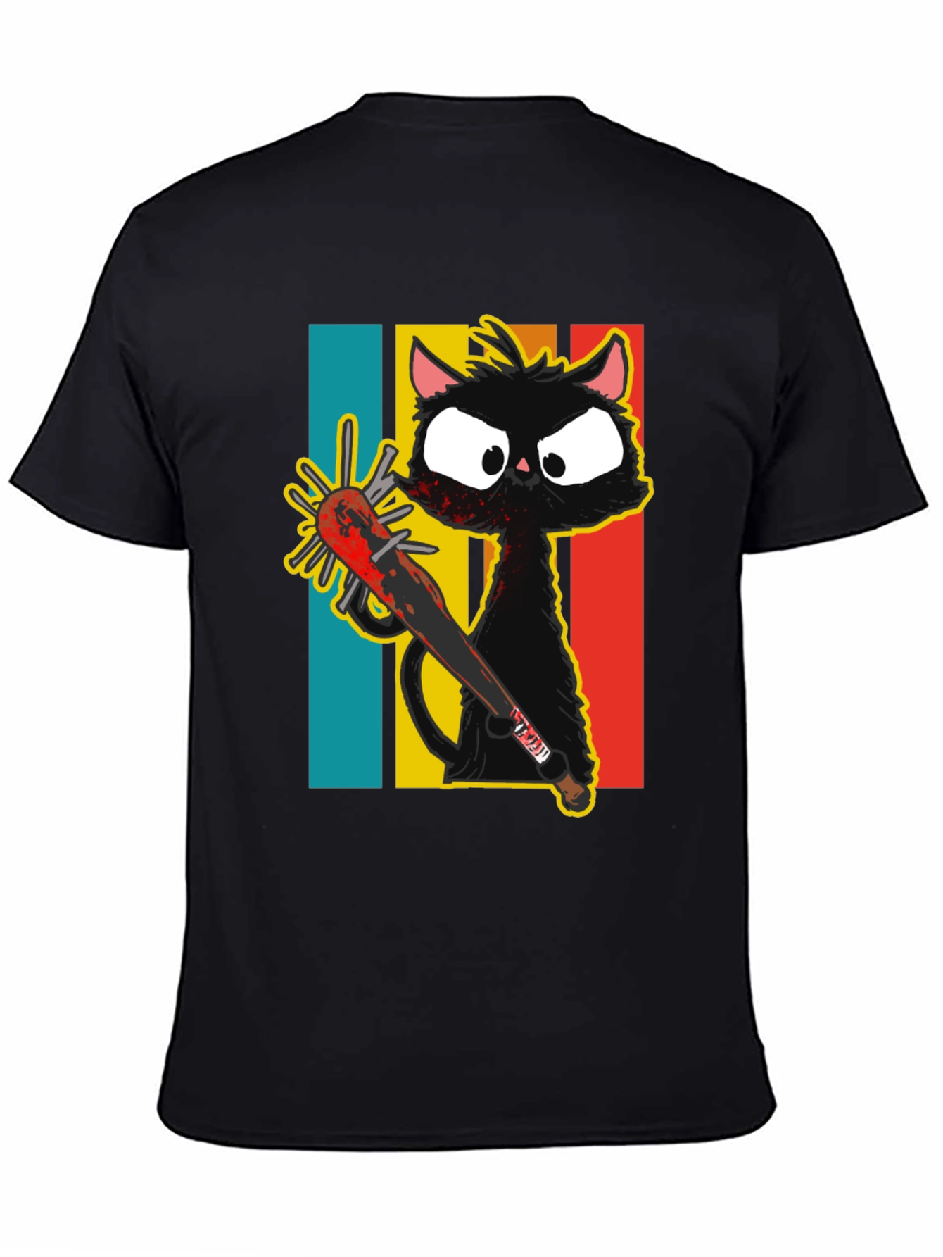 Black Crazy Cat Baseball Bat Graphic T-Shirt view 4