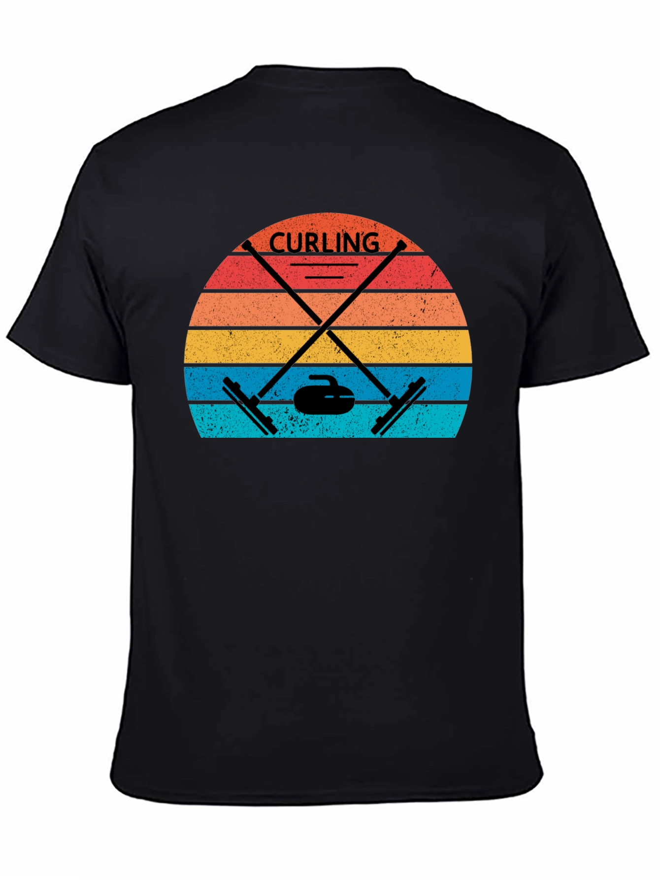 Black Retro Curling T-Shirt - Vintage Sunset Design view 4