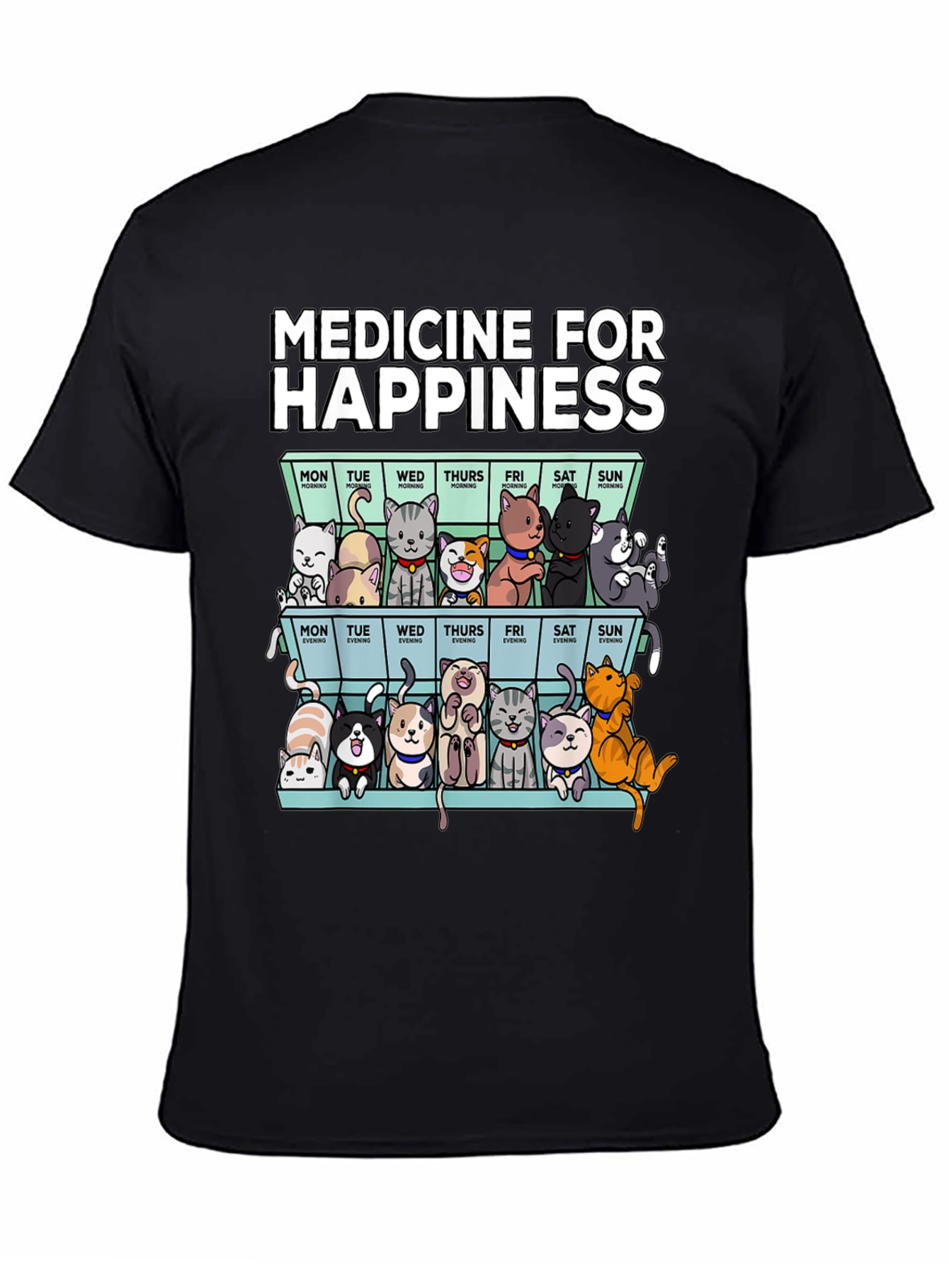 Black Medicine for Happiness Cat Pill Box Black T-Shirt view 4