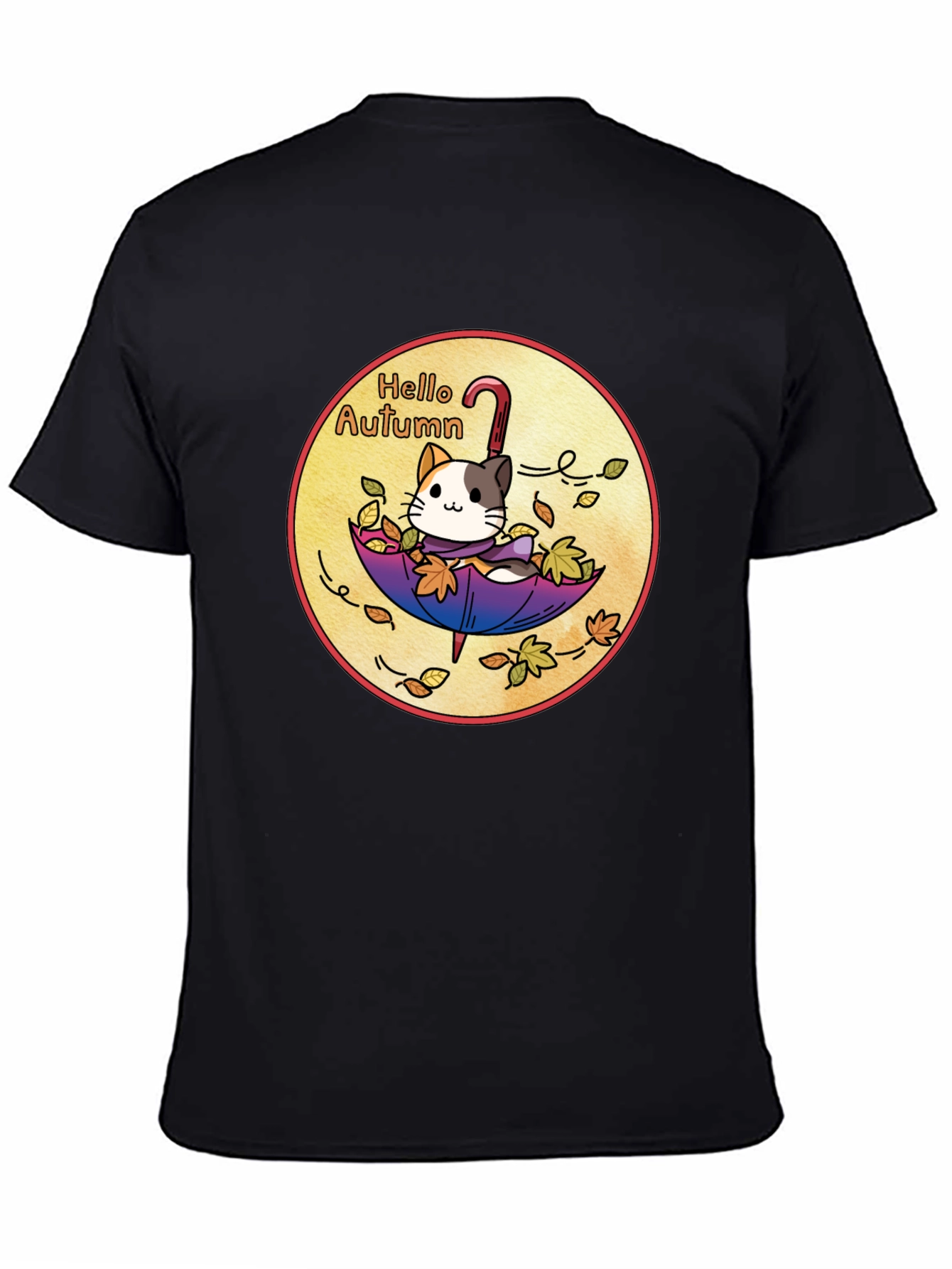 Black Hello Autumn Cat T-Shirt - Unique Fall Design view 4