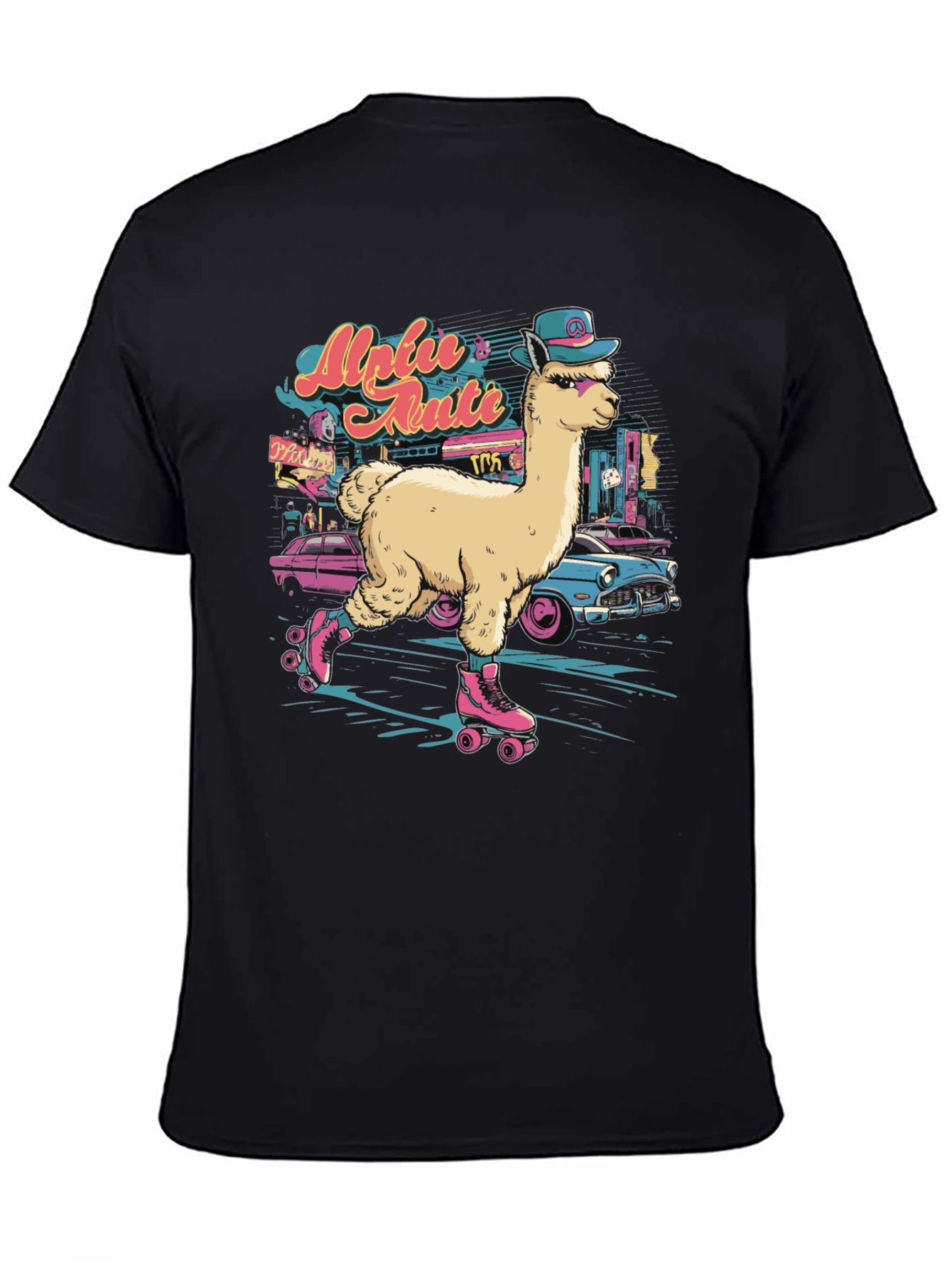 Black Retro Roller Skating Alpaca T-Shirt view 4