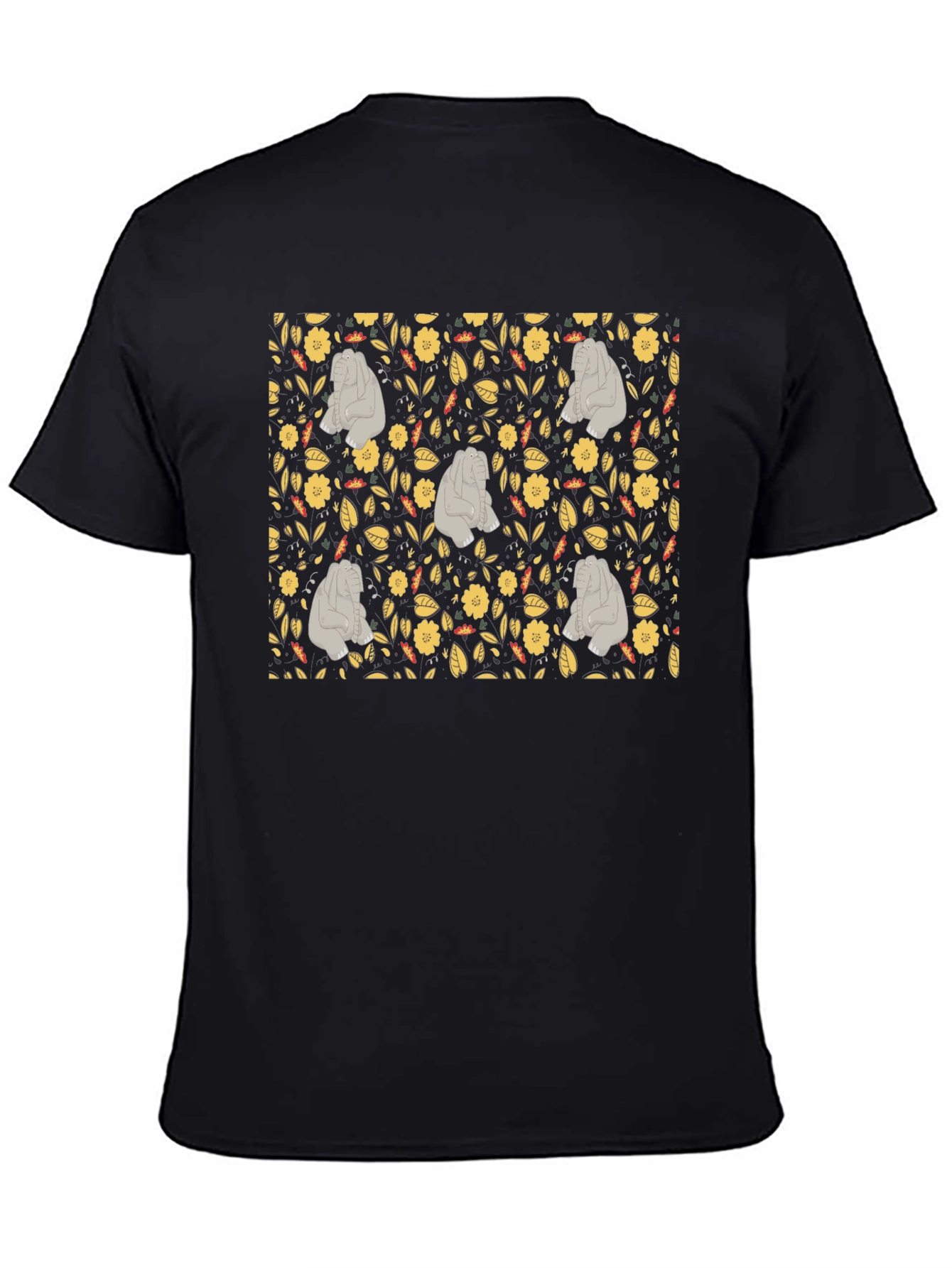 Black Floral Elephant Print Black T-Shirt view 4