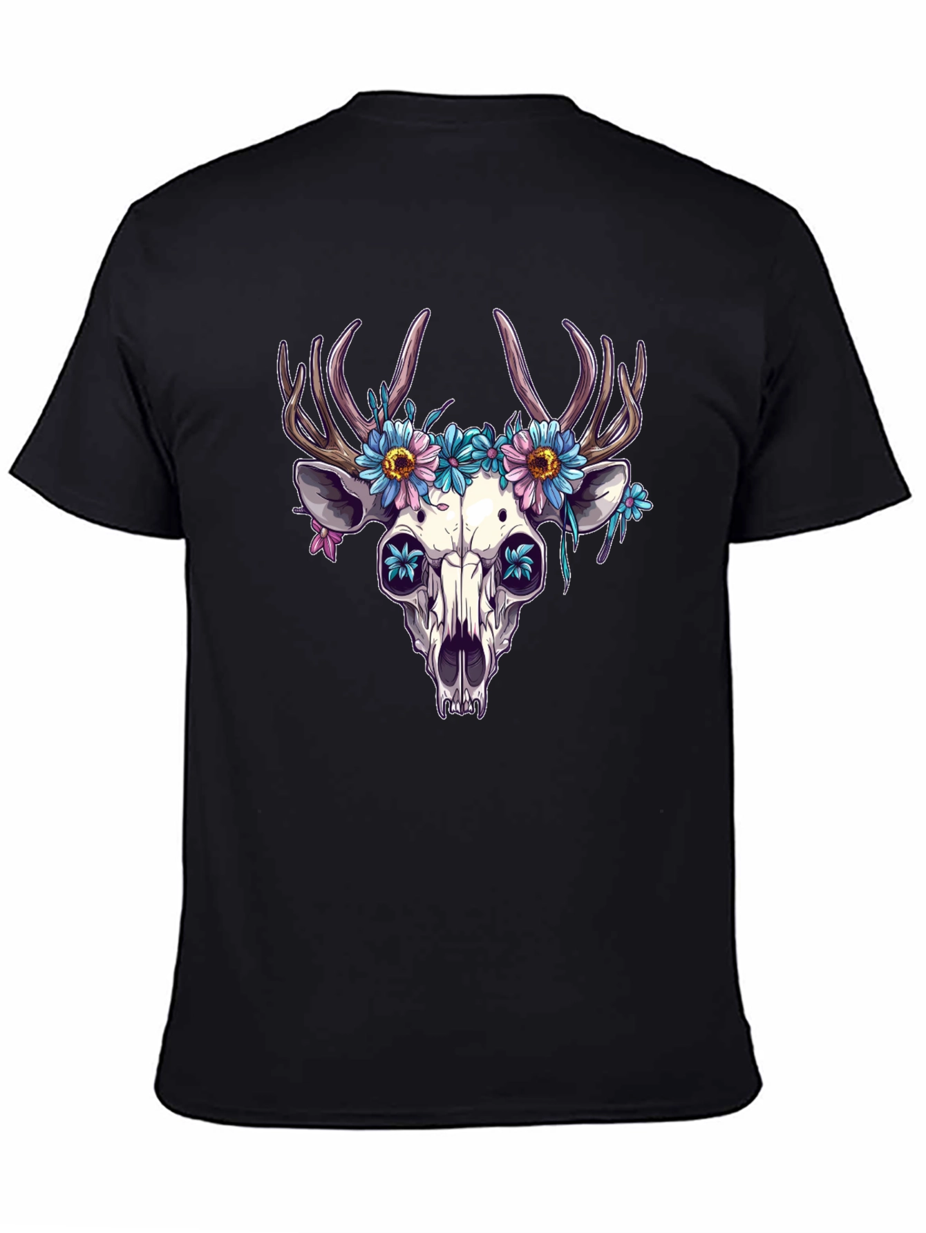 Black Floral Deer Skull Graphic Tee - Edgy Style view 4