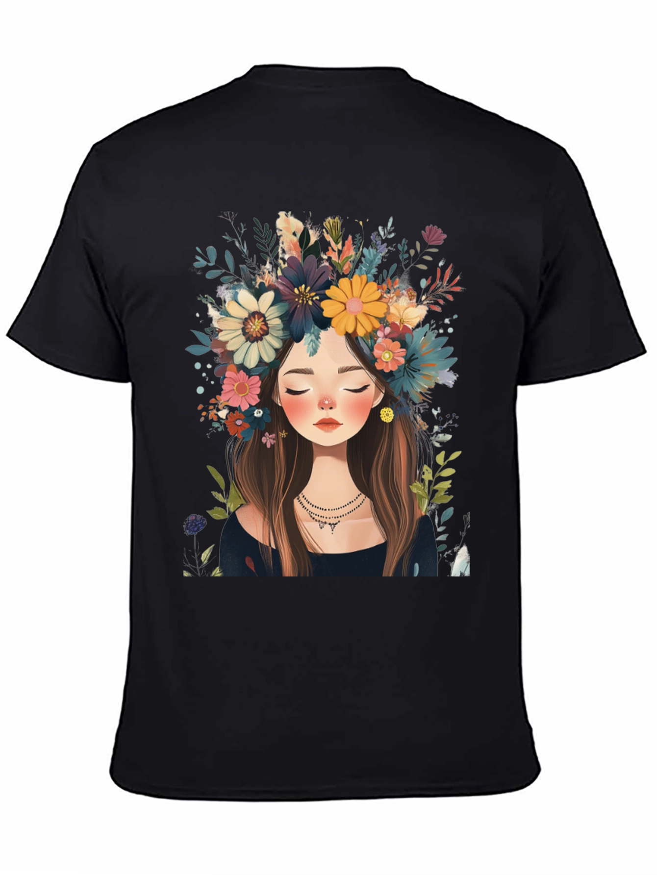 Black Floral Crown Girl Black T-Shirt view 4