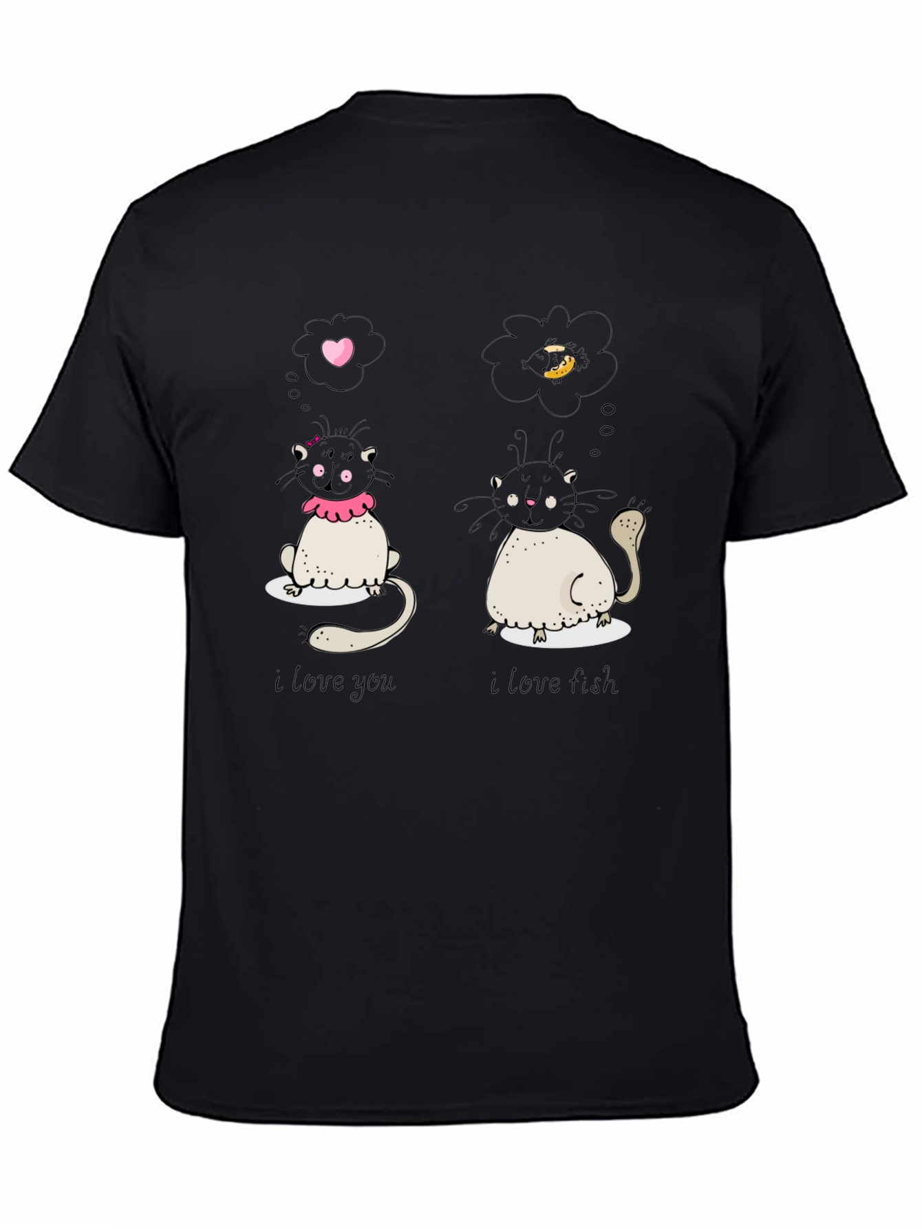 Black Cute Cat Love and Food Graphic Black T-Shirt view 4