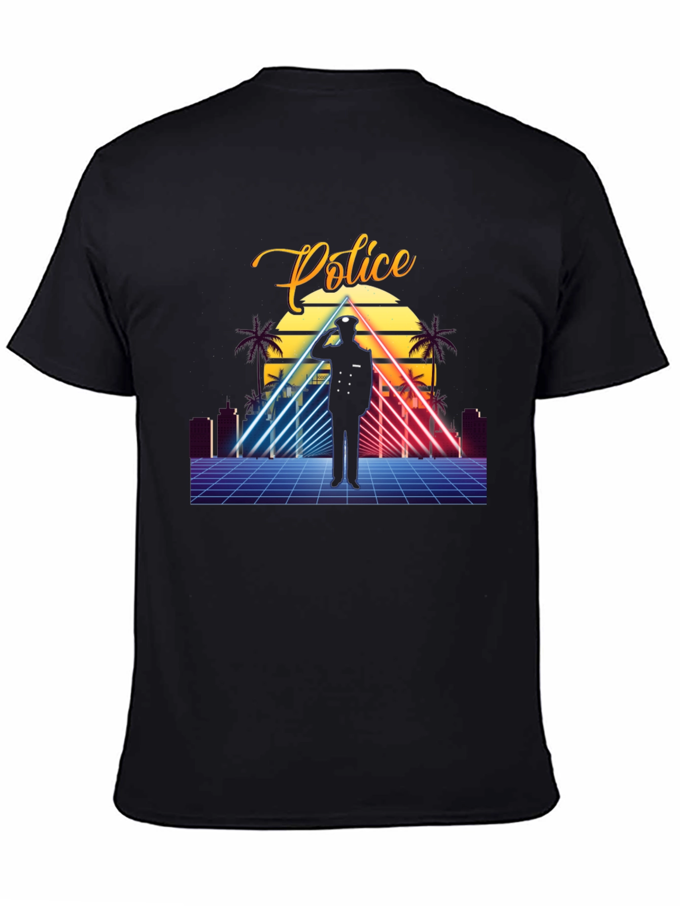 Black Retro Police Graphic T-Shirt - Synthwave Design view 4