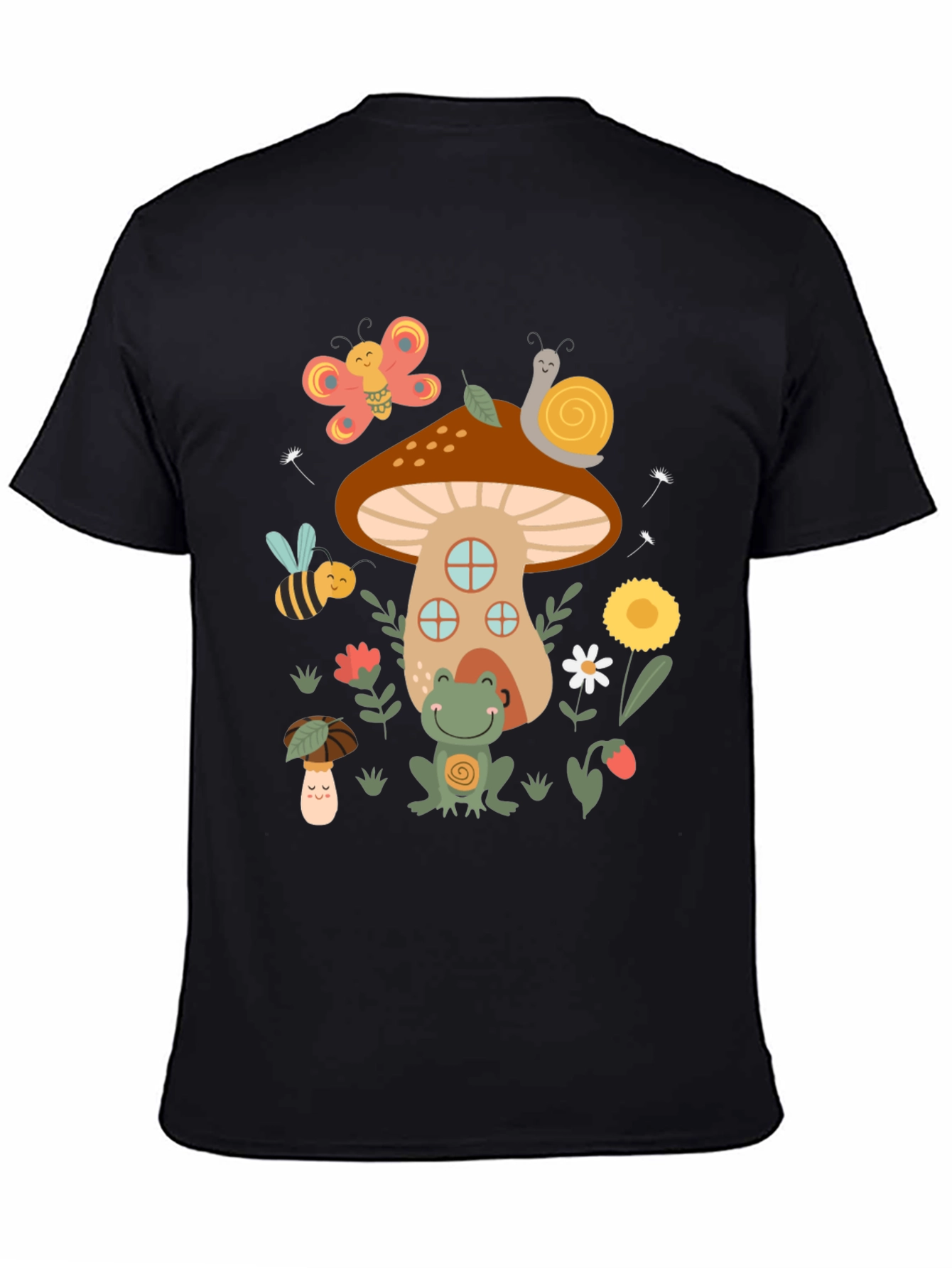 Black Cute Mushroom House Graphic T-Shirt view 4