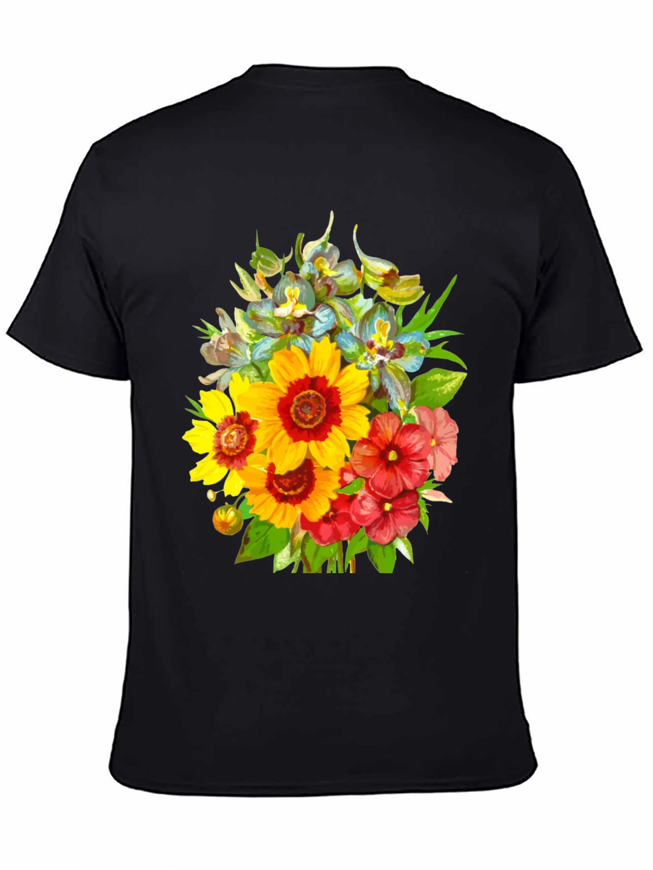 Black Floral Bouquet Graphic Tee - Stylish Men's Black T-Shirt view 4