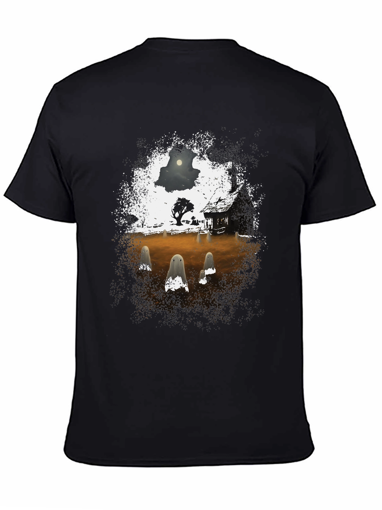 Black Spooky Ghost Scene Graphic T-Shirt view 4