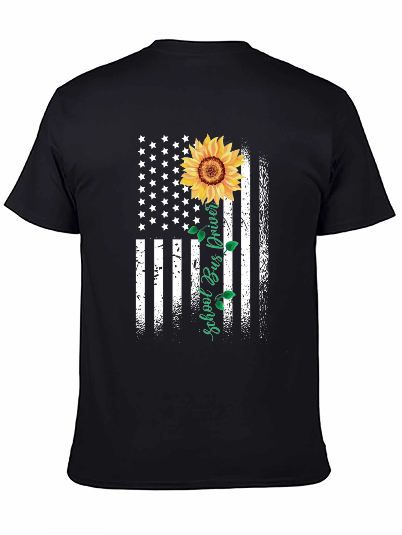 Black Sunflower American Flag School Bus Driver T-Shirt view 4