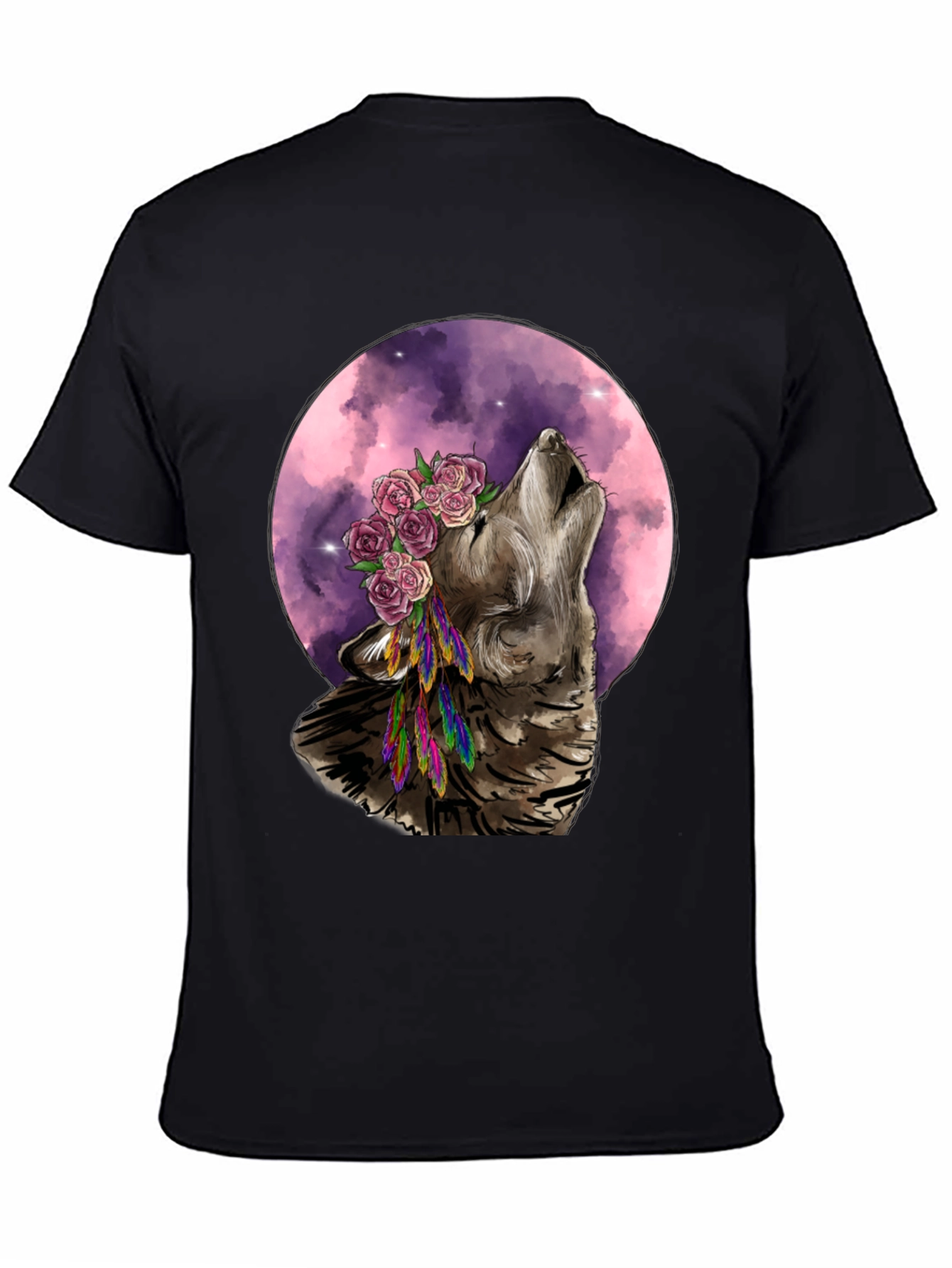Black Wolf Moon Flower Crown T-Shirt - Nature Inspired Graphic Tee view 4