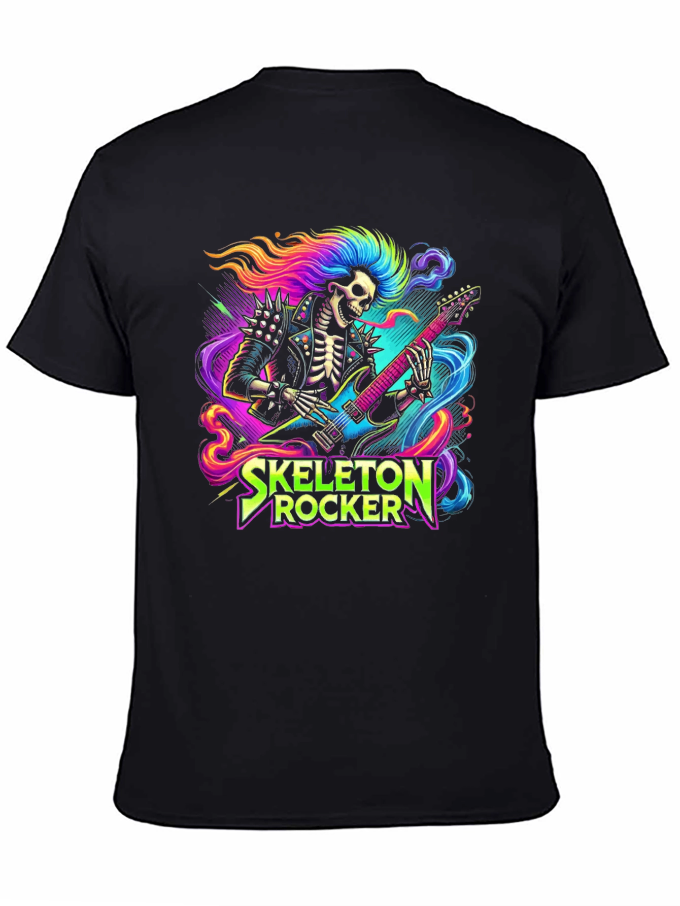 Black Skeleton Rocker T-Shirt - Neon Punk Design view 4
