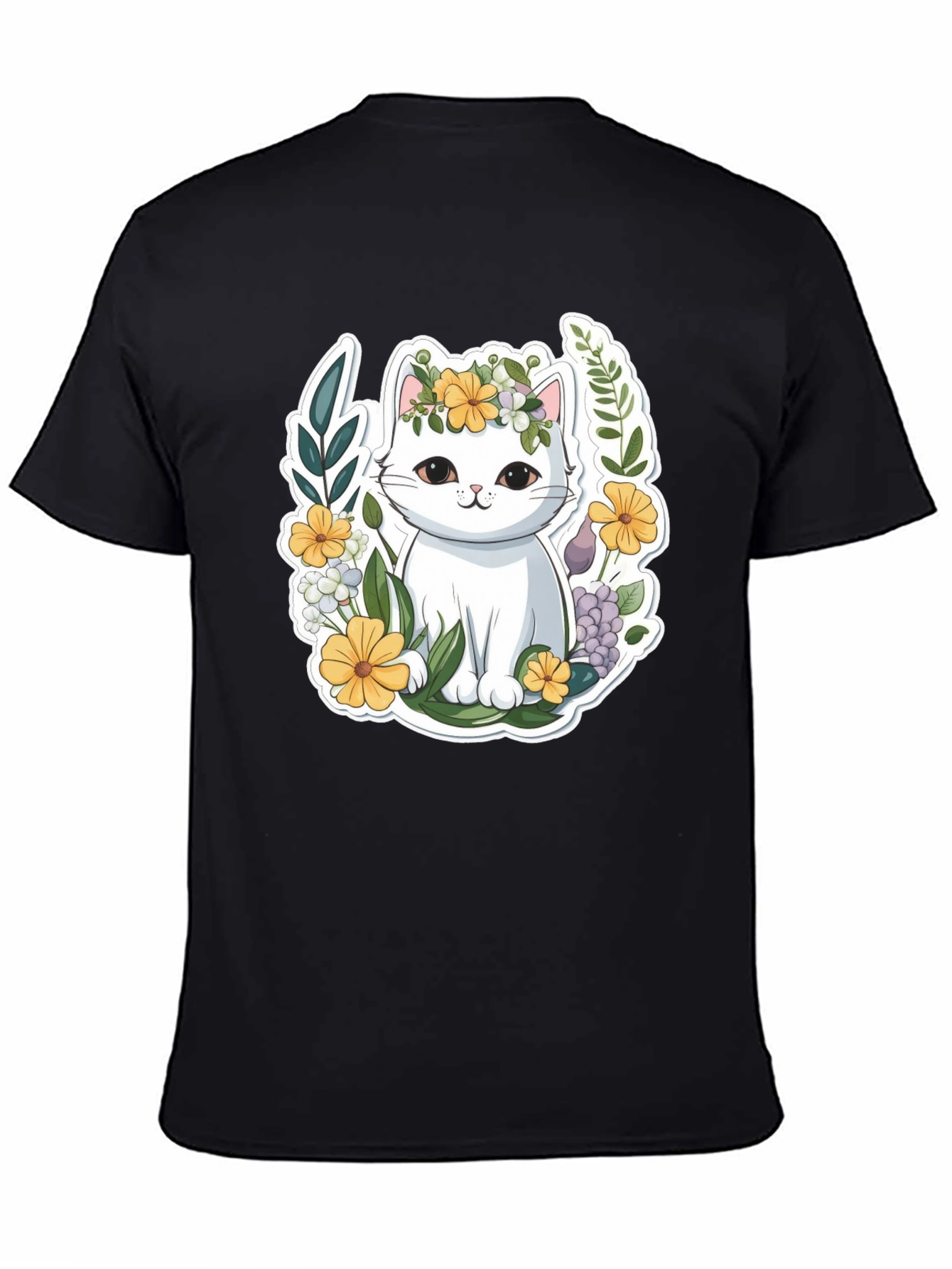 Black Cute Cat Floral Wreath Graphic Tee view 4