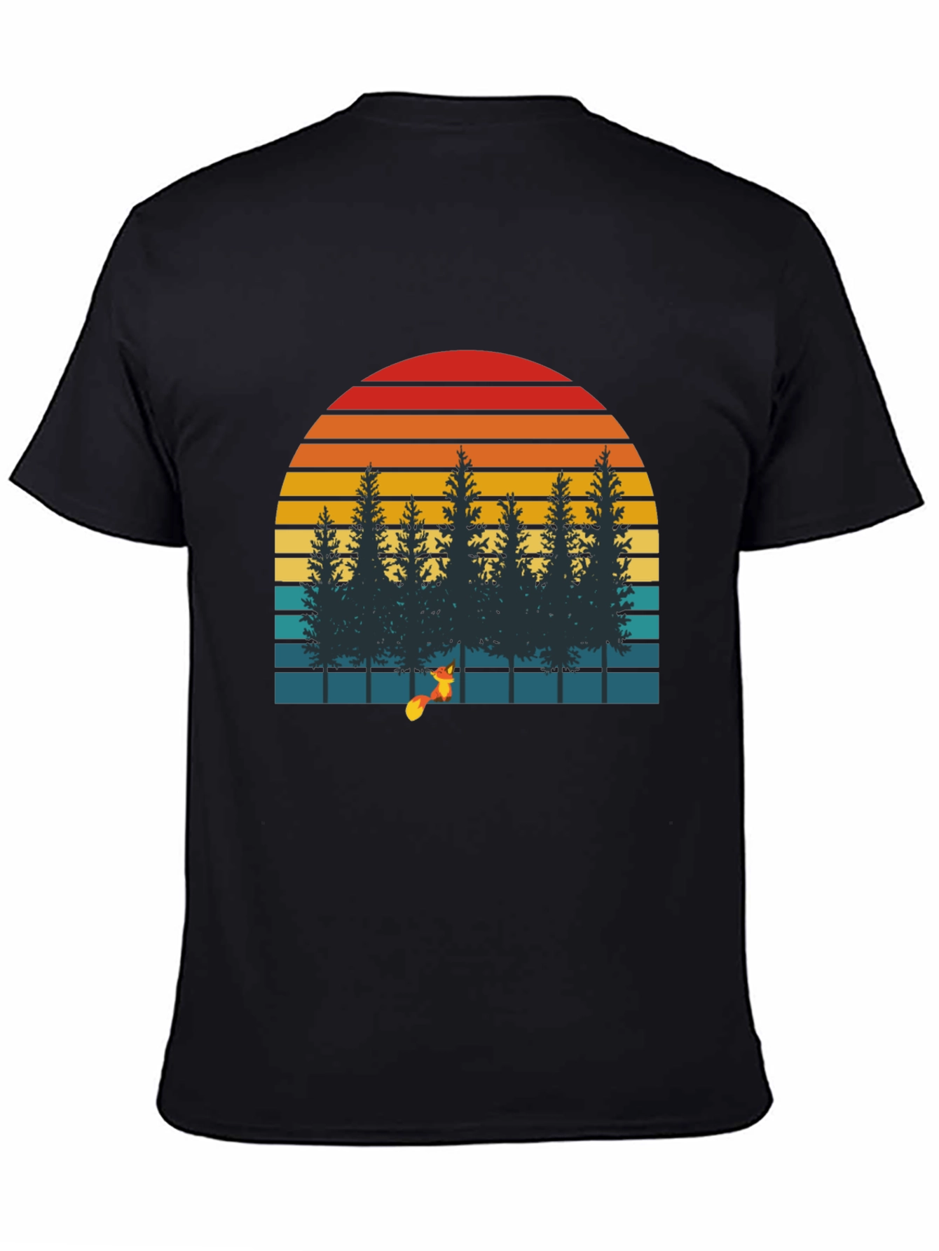 Black Retro Sunset Forest Fox Graphic T-Shirt view 4