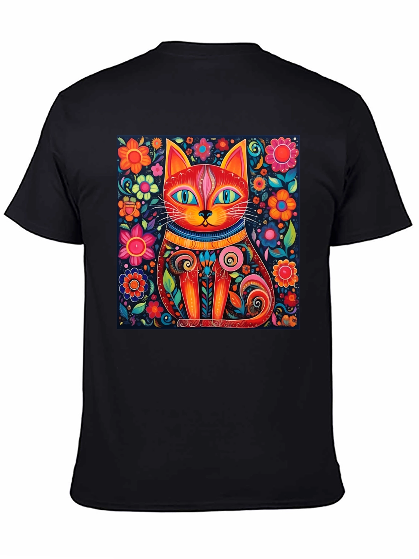 Black Colorful Cat Art T-Shirt - Whimsical Floral Feline Design view 4