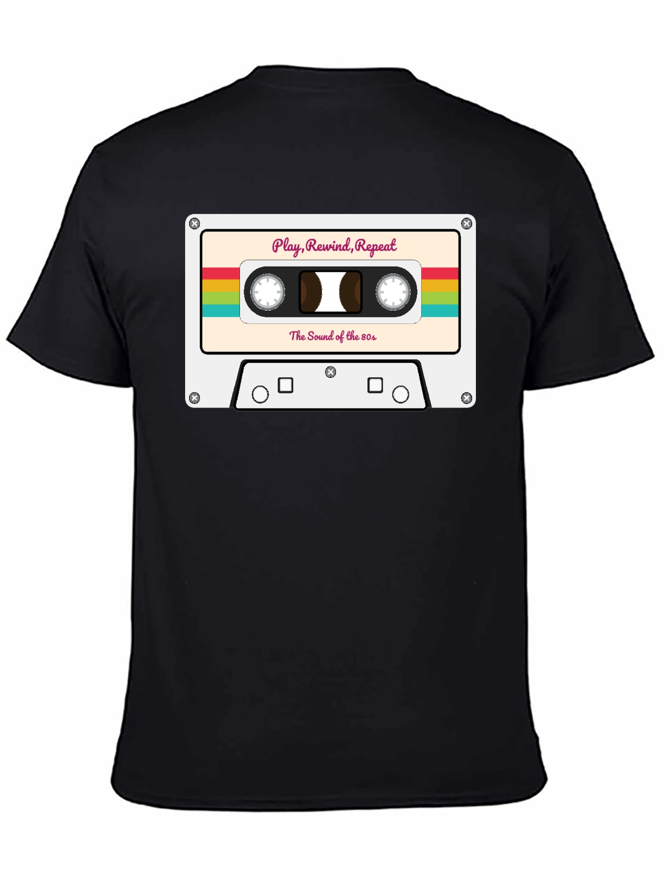 Black Retro 80s Cassette Tape Graphic Tee - Play Rewind Repeat view 4