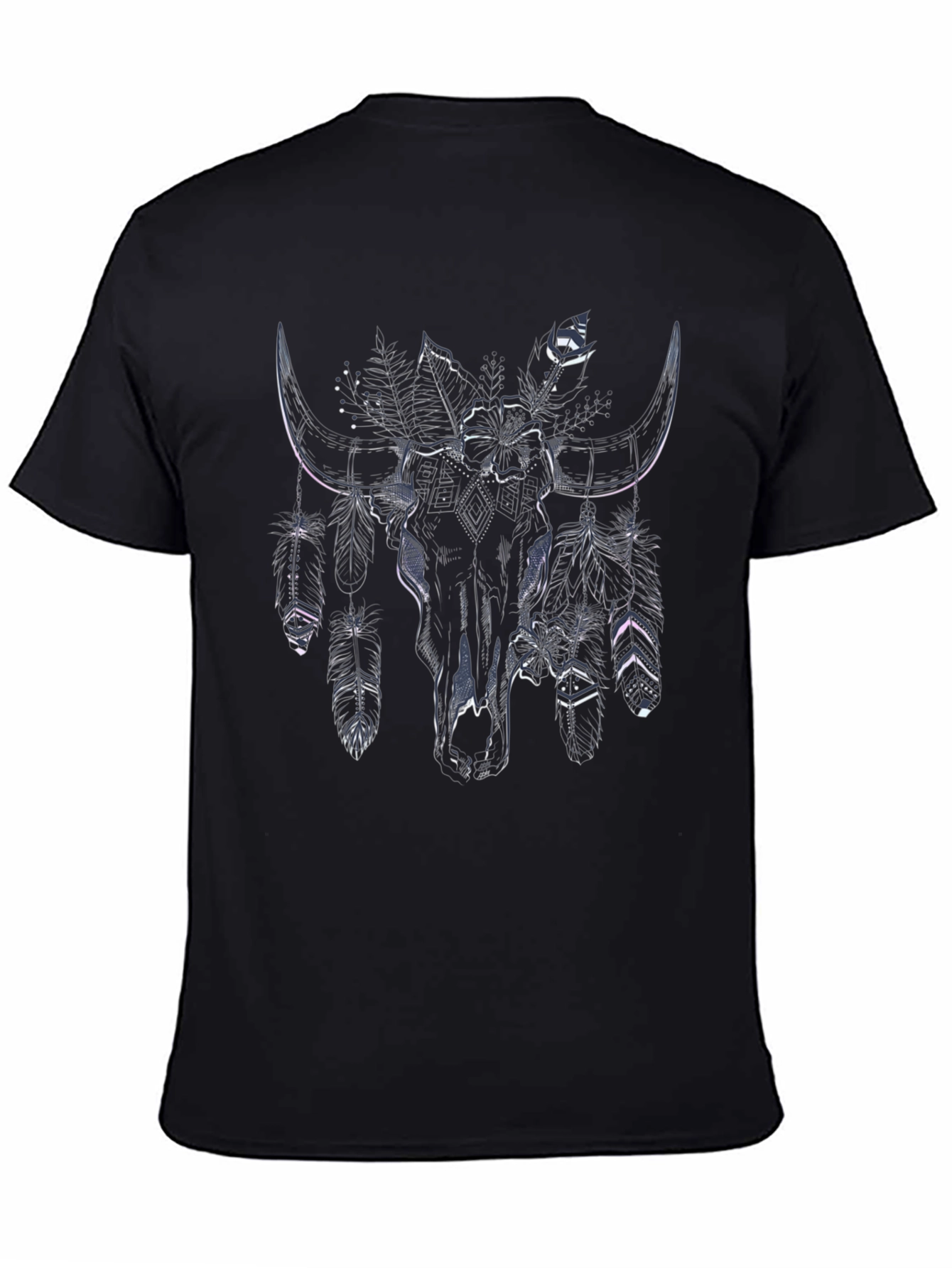 Black Boho Bull Skull Feather Print Black Tee view 4