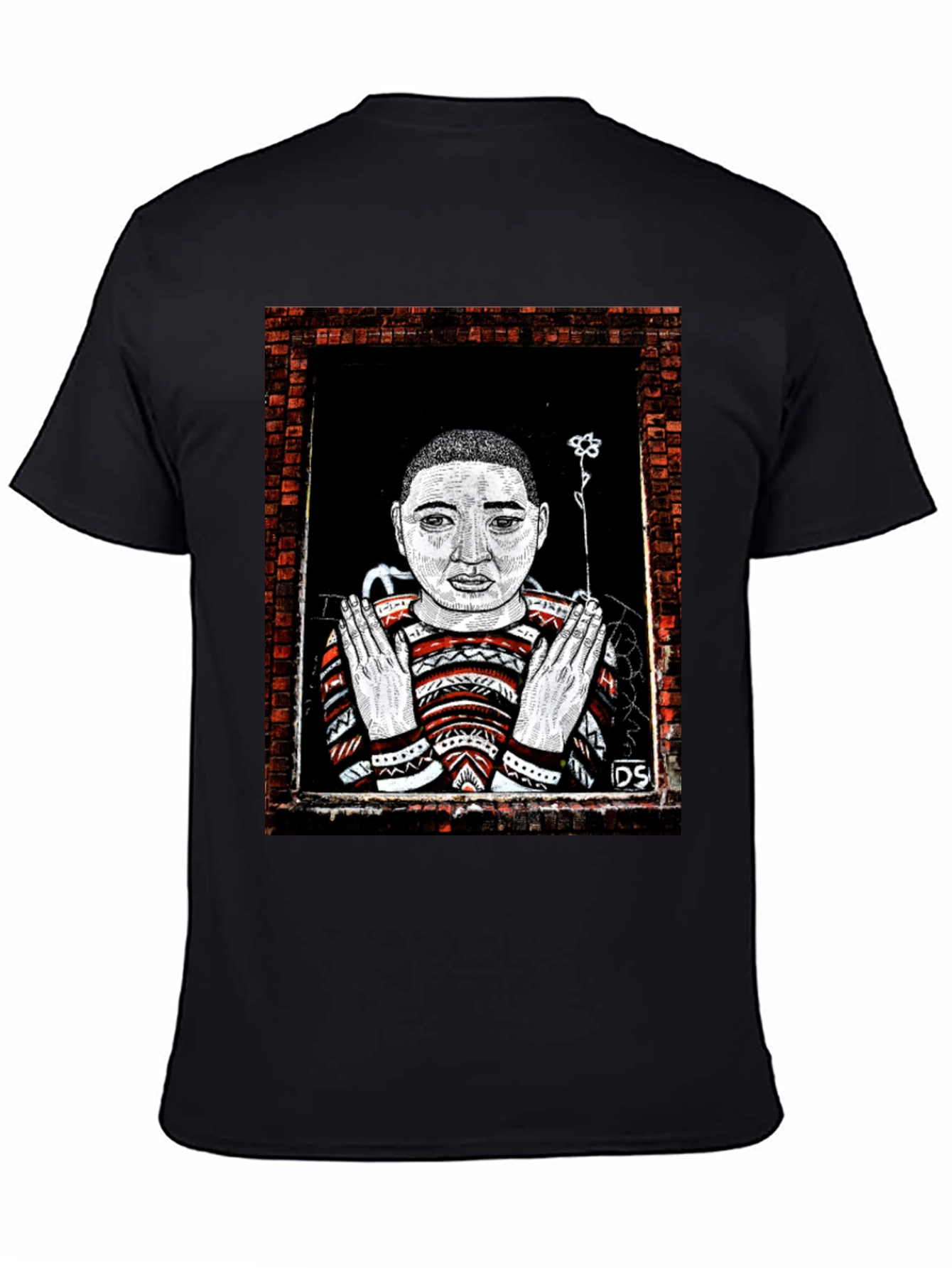 Black Unique Graphic Print Tee - Artistic Portrait Design view 4
