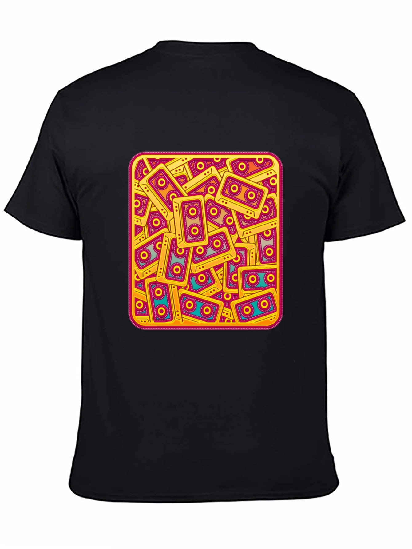 Black Retro Cassette Tape Pattern T-Shirt view 4