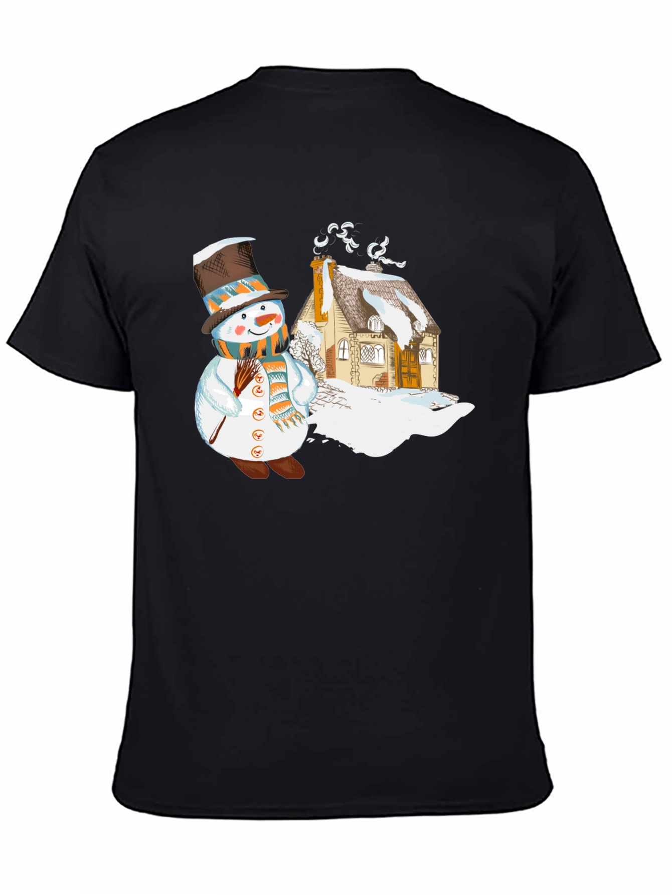Black Snowman & Cottage Graphic T-Shirt view 4