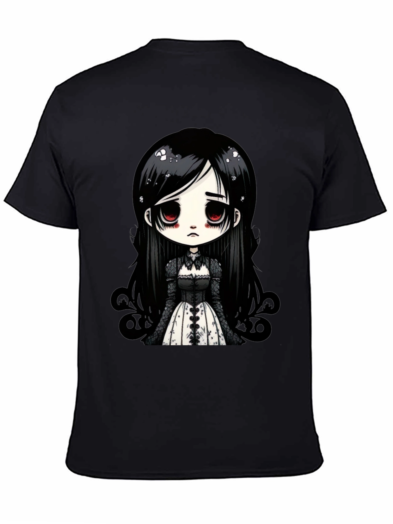 Black Gothic Doll T-Shirt - Emo Anime Style Black Tee view 4