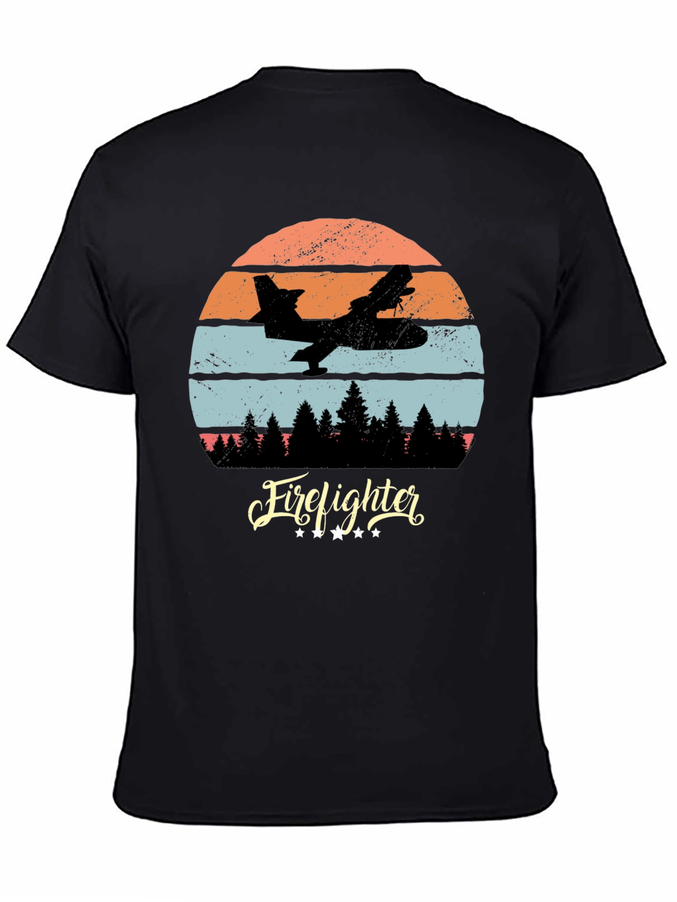 Black Firefighter Plane Retro T-Shirt view 4