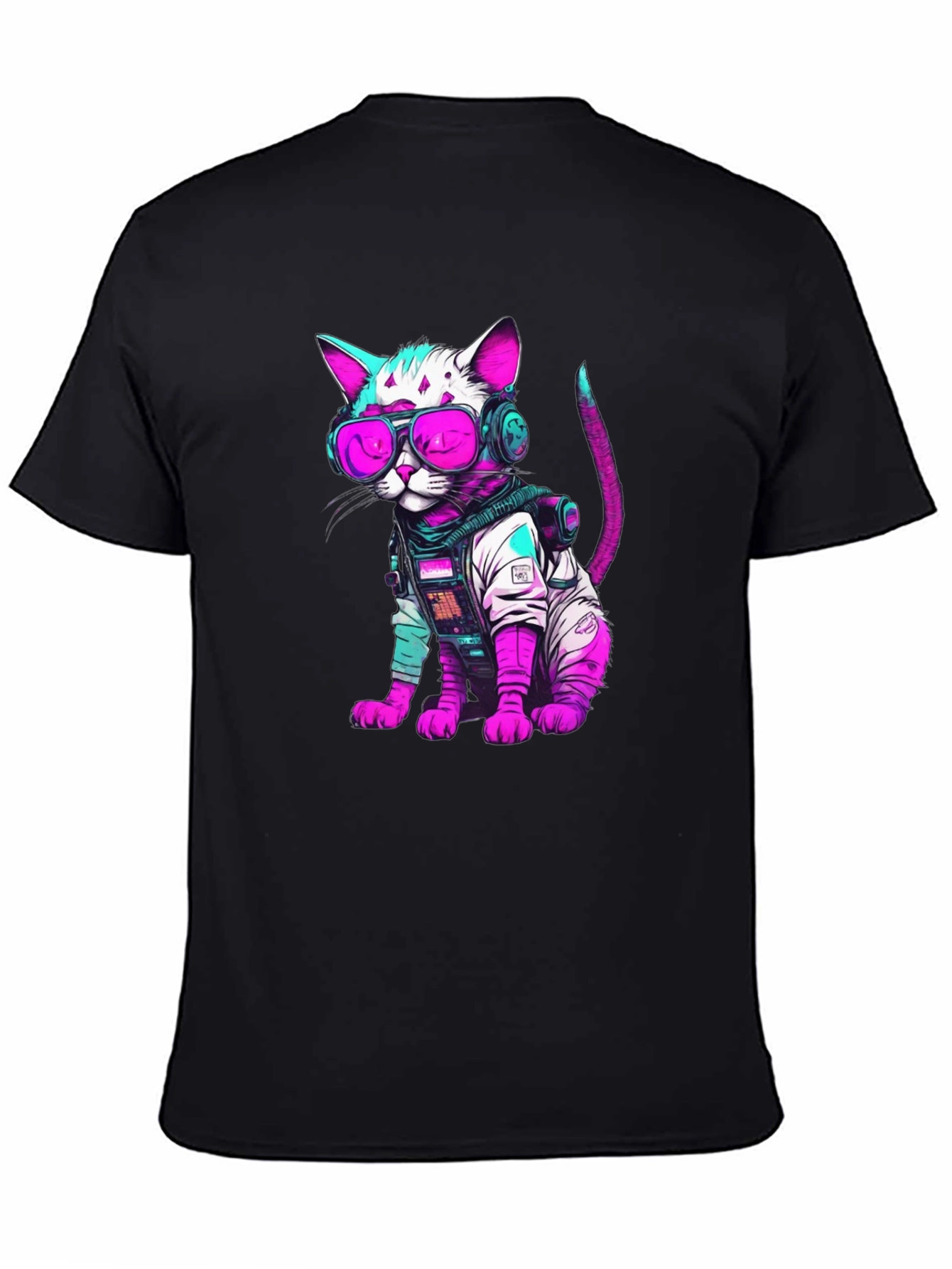 Black Cyberpunk Cat T-Shirt - Futuristic Feline Fashion view 4