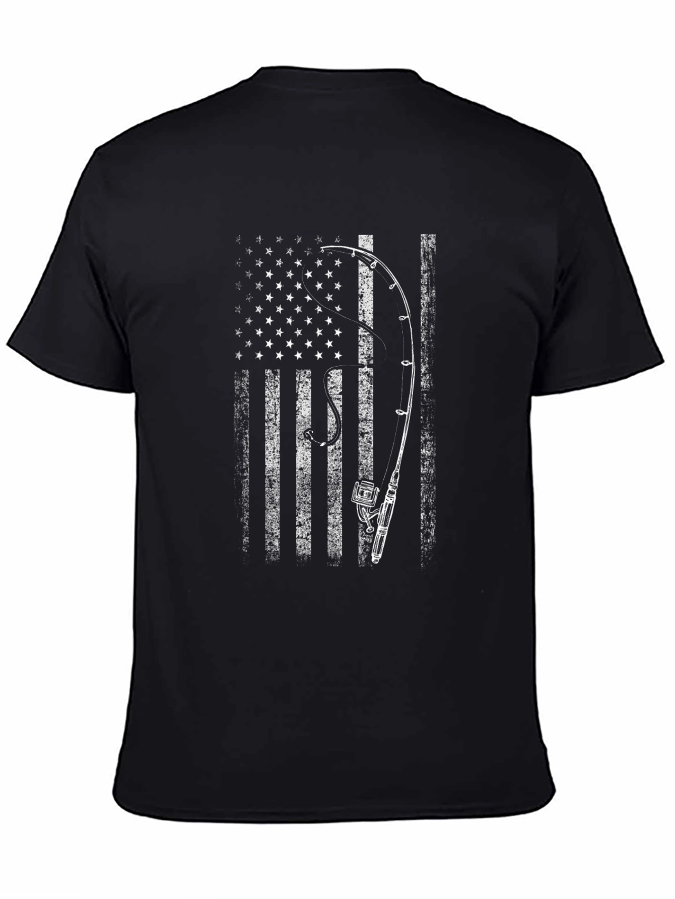 Black American Flag Fishing Rod T-Shirt - Patriotic Angler Tee view 4