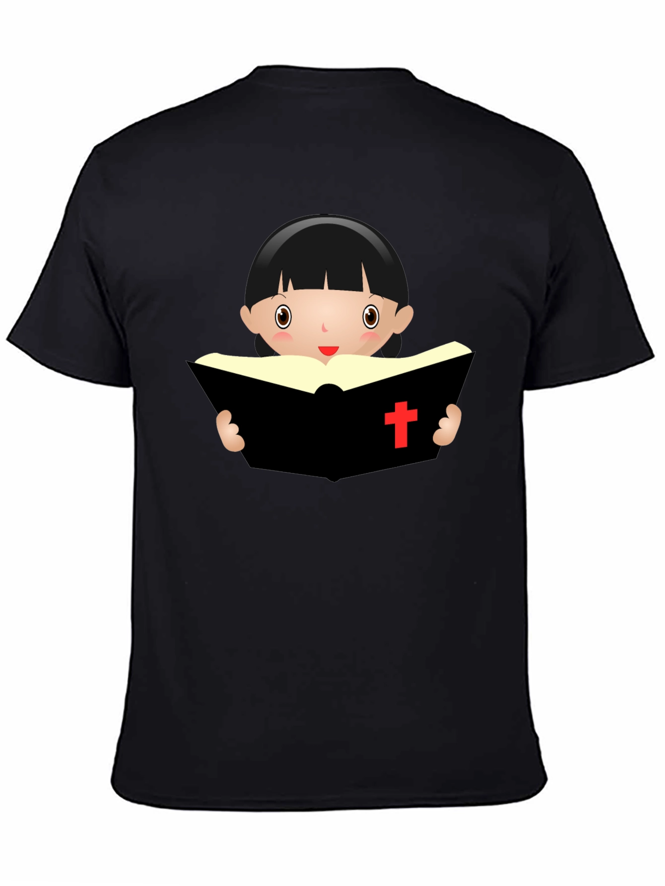 Black Cartoon Girl Reading Book - Black T-Shirt view 4