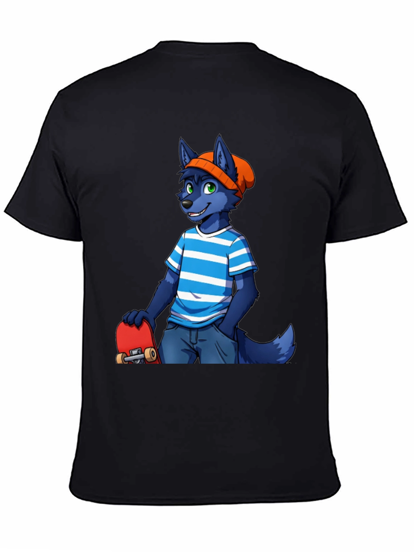Black Furry Skater T-Shirt - Cool Blue Wolf Design view 4
