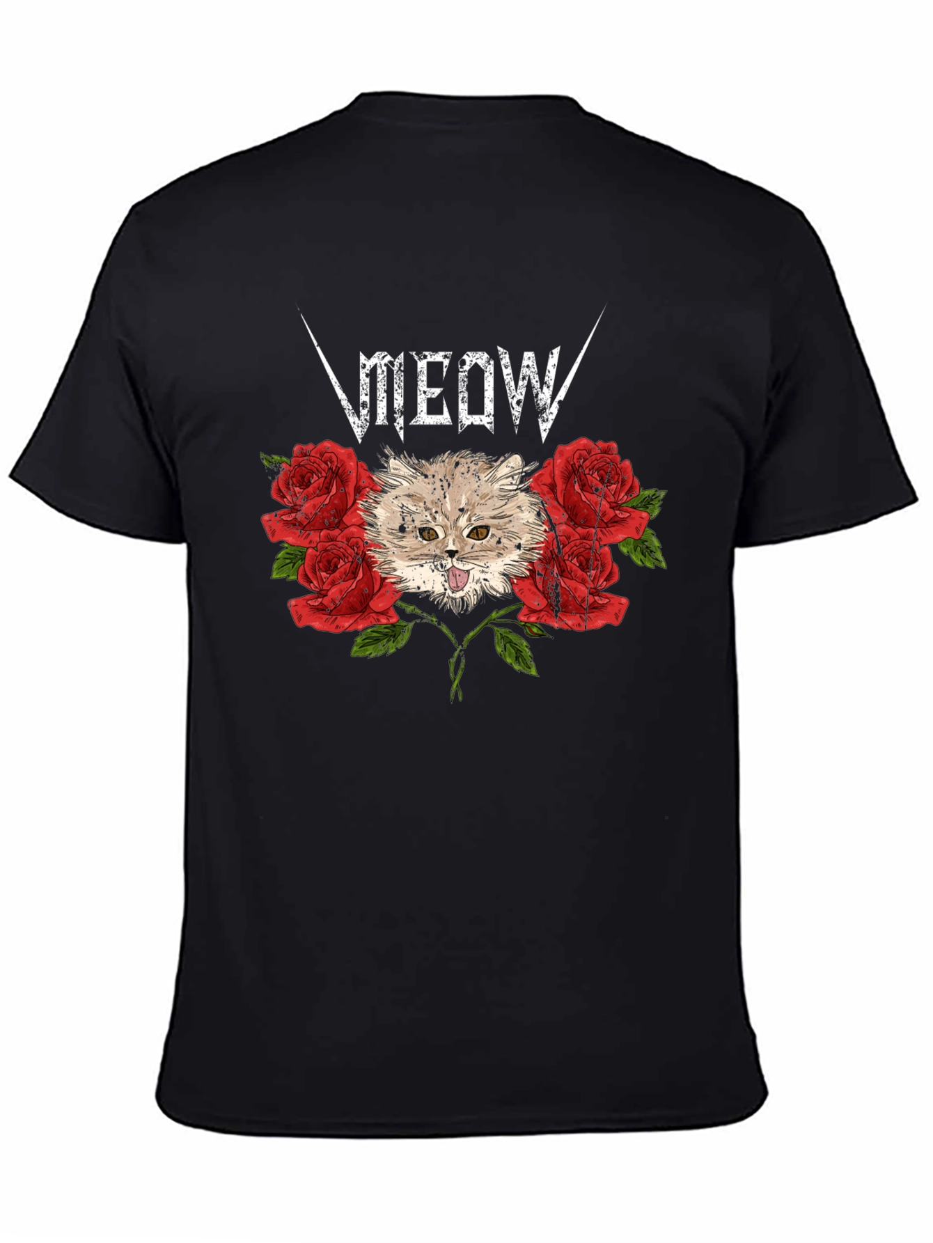 Black Meow Heavy Metal Cat & Roses Black T-Shirt view 4