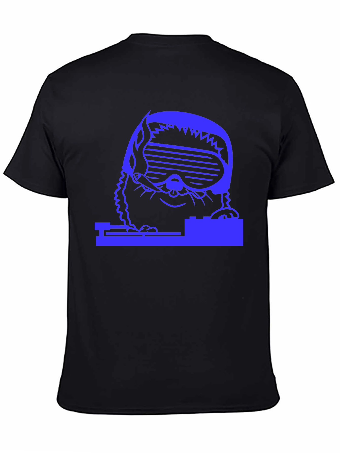Black DJ Cat T-Shirt - Black Cotton Tee with Blue Graphic view 4